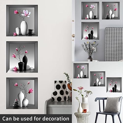 Miniatura 3 de Calcomanías de pared para jarrones 3D, color blanco y negro, piedras estéreas, orquídeas, flores, impermeables, removibles, plantas de flores rosas,