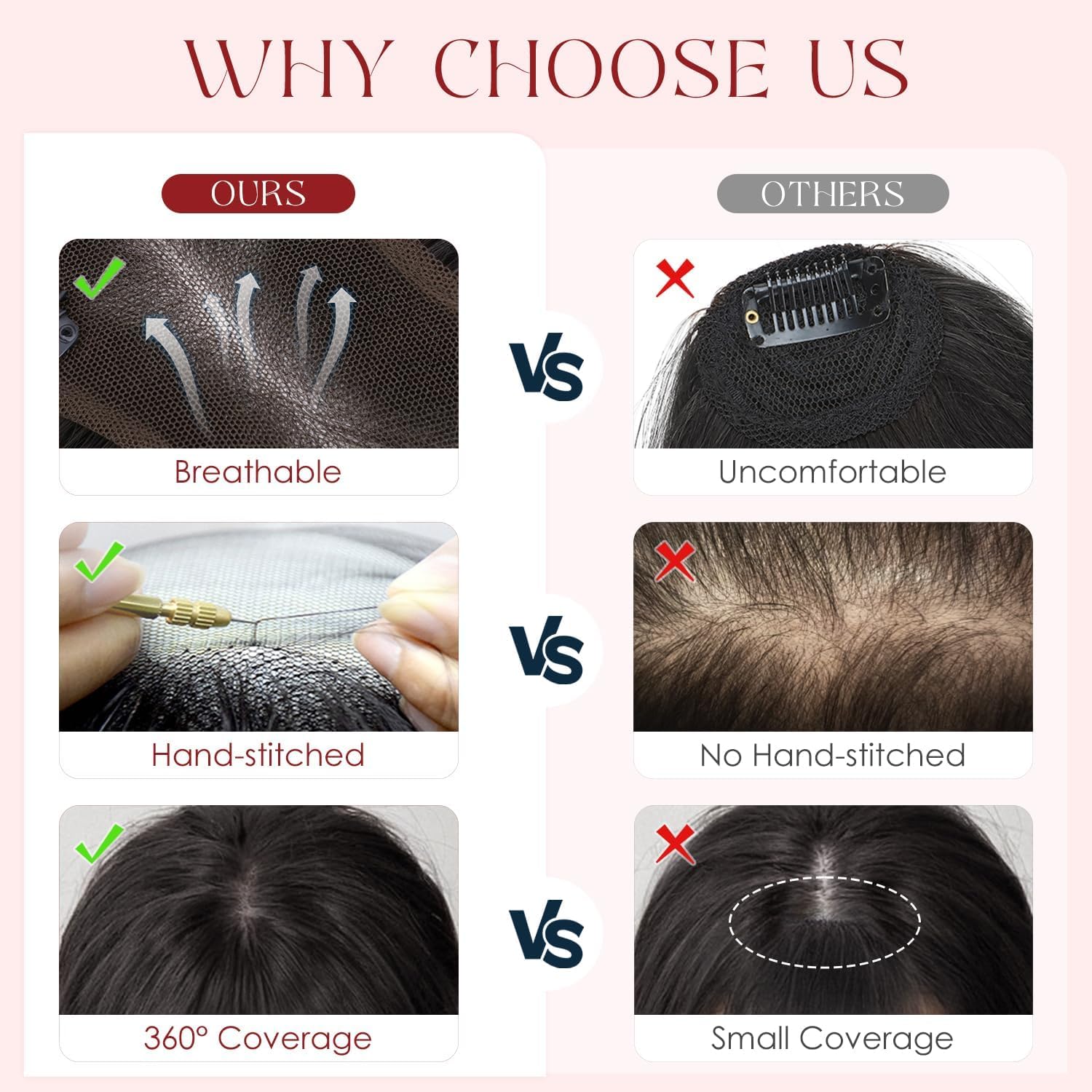 Human Hair Topper with Bangs for Women, 360° Cover Clip in Fringe Bangs Hair Toppers Hair Piece Medium Brown-3.15x4.33 Hand-tied Base (Medium Brown)