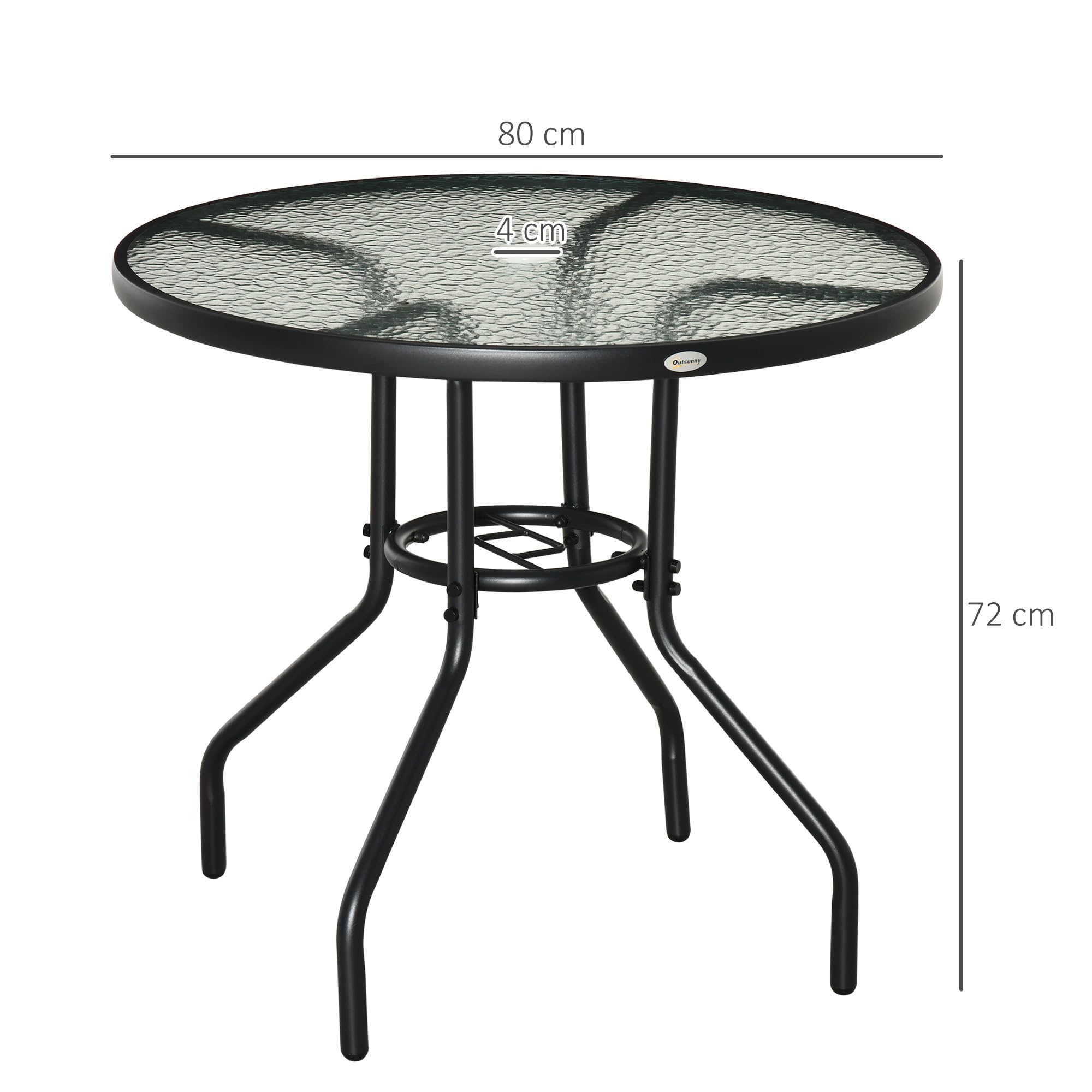Outsunny Table à Manger de Jardin, avec Trou de Parasol, Table extérieure Ronde avec Plateau en Verre trempé, pour Jardin, Patio, terrasse, Ø 80 x 72 cm, Noir