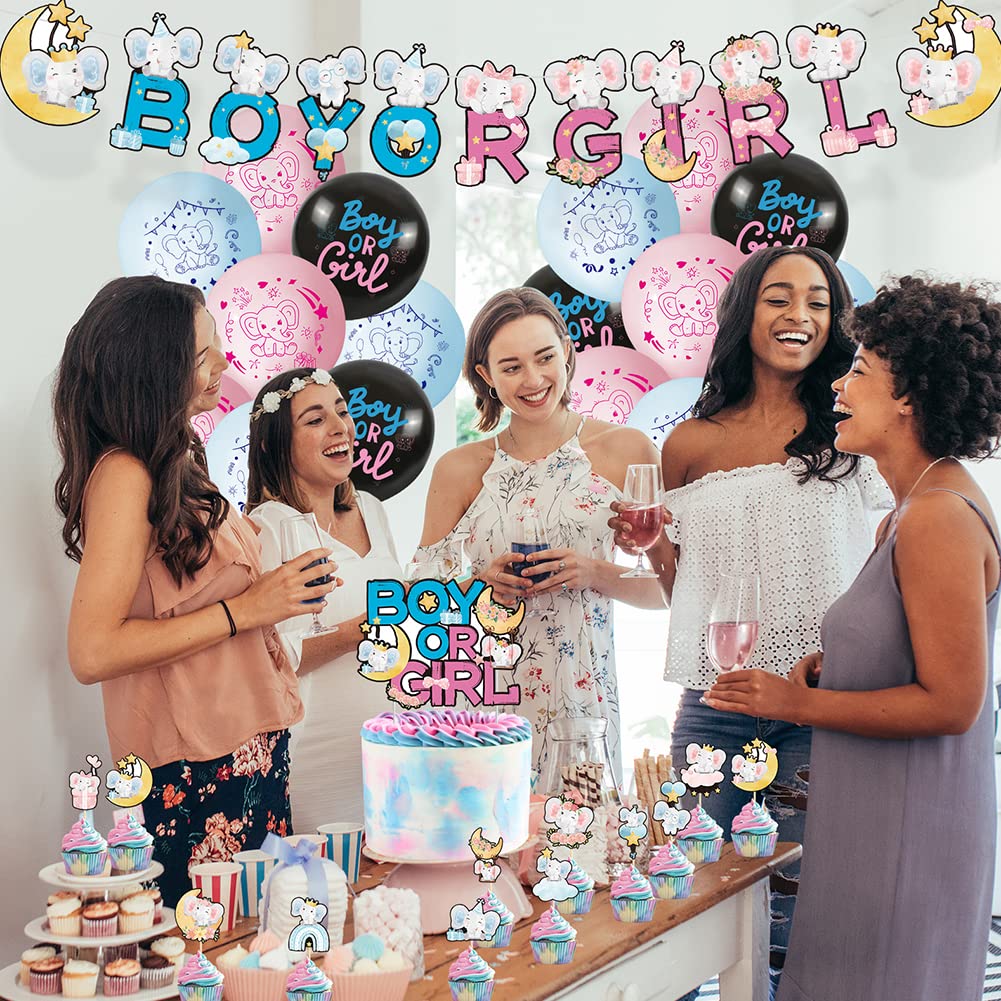 Gender Reveal Party decoratie, 32 stuks baby olifant baby shower decoratie, decoratie doop, latexballon jongens gouden meisjes banner baby cake topper, reveal geslachtsdecoratie, voor babyshowerfeest