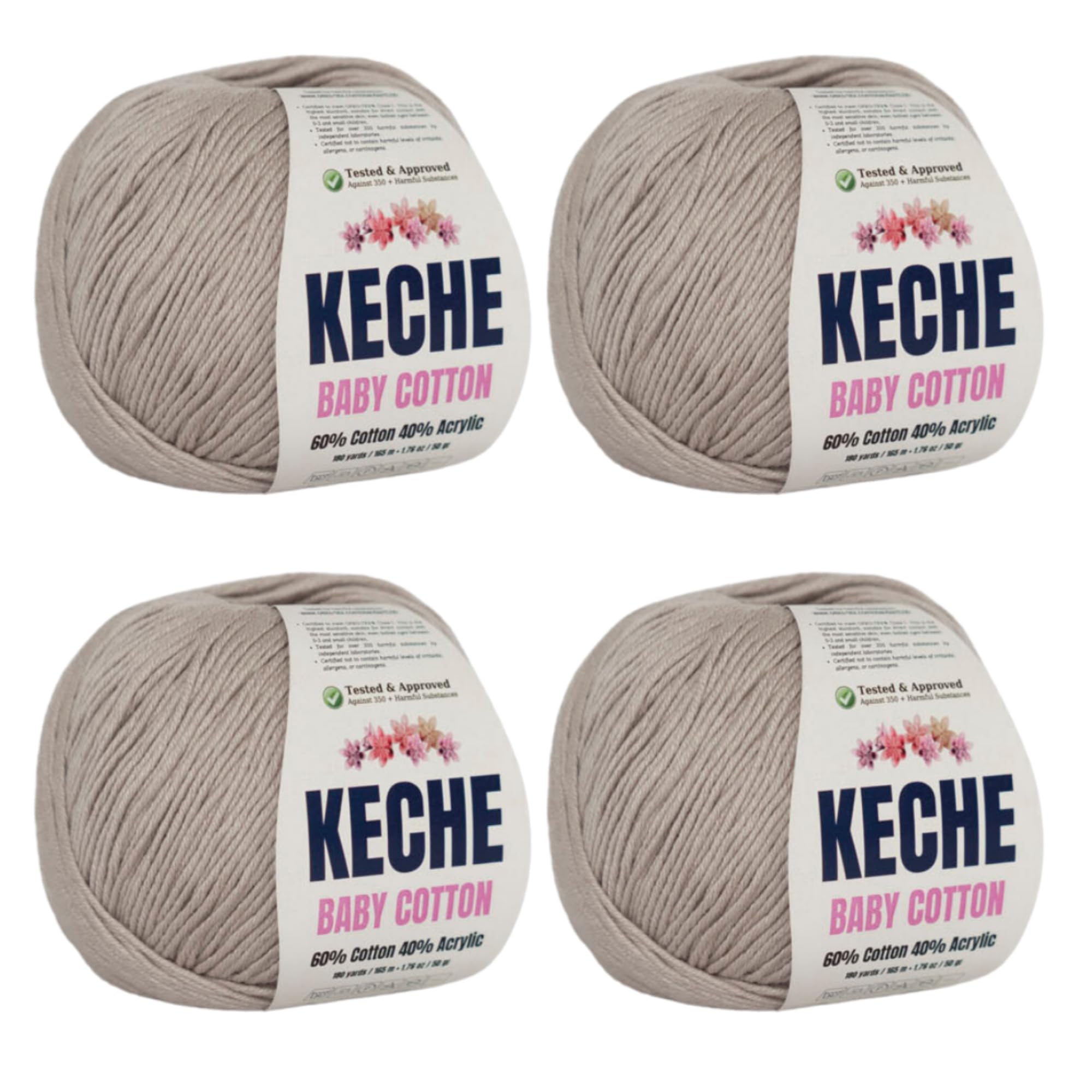 KECHECotton Yarn, 60% Cotton 40% Acrylic Yarn, Soft Cotton Yarn for Crochet and Knitting, Amigurumi Yarn 4 Skeins/Balls [1.76 Oz (50g) / 180 Yrds (165m)] x 4 - Sand