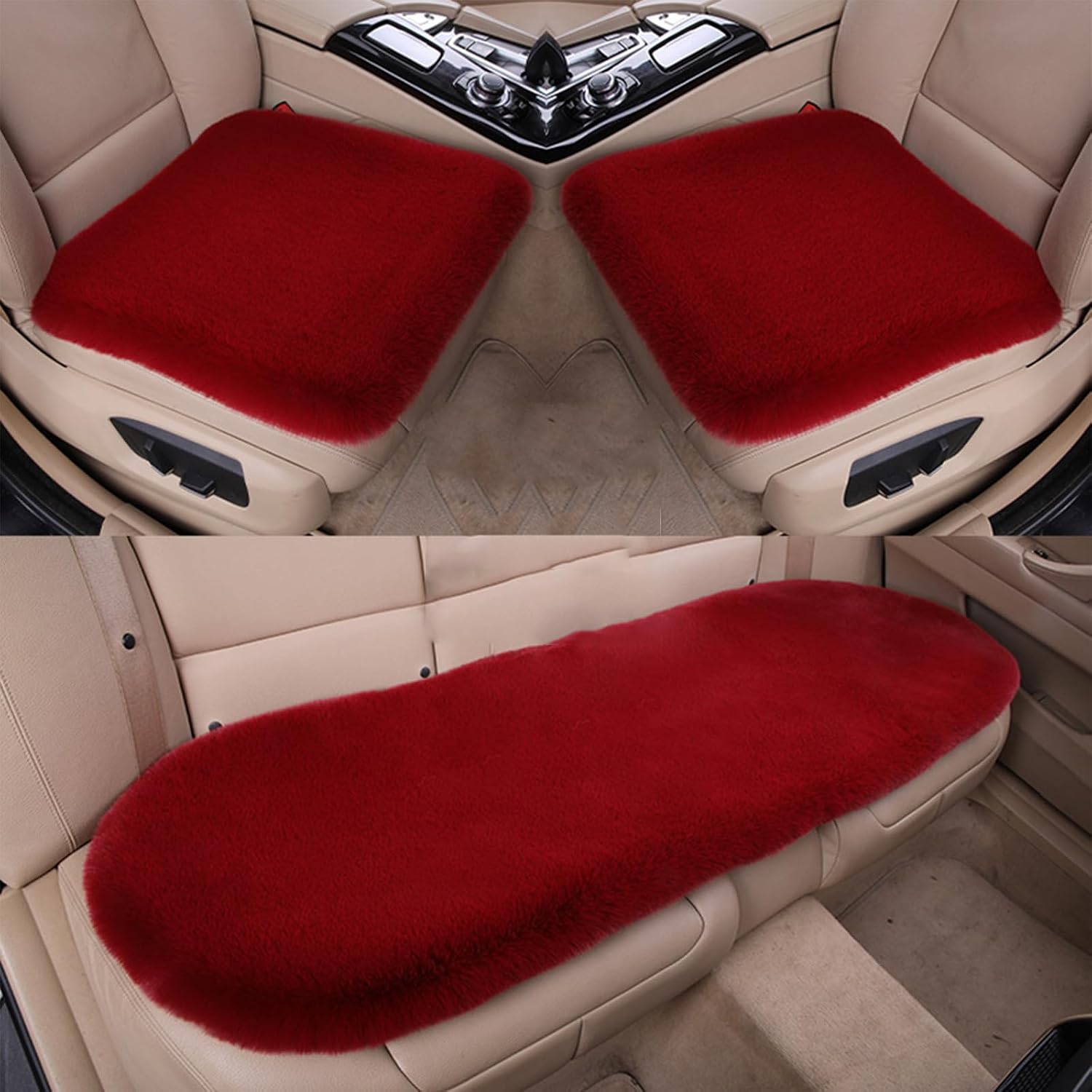 Plush Car Seat Cushion, Soft Warm Fuzzy Faux Rabbit Fur Fluffy Plush Auto Seat Cover Vehicle Car Front and Back Seat Protector Pad with Non-Slip Backing Cushion Interior Universal Fit (Red,3PCS)