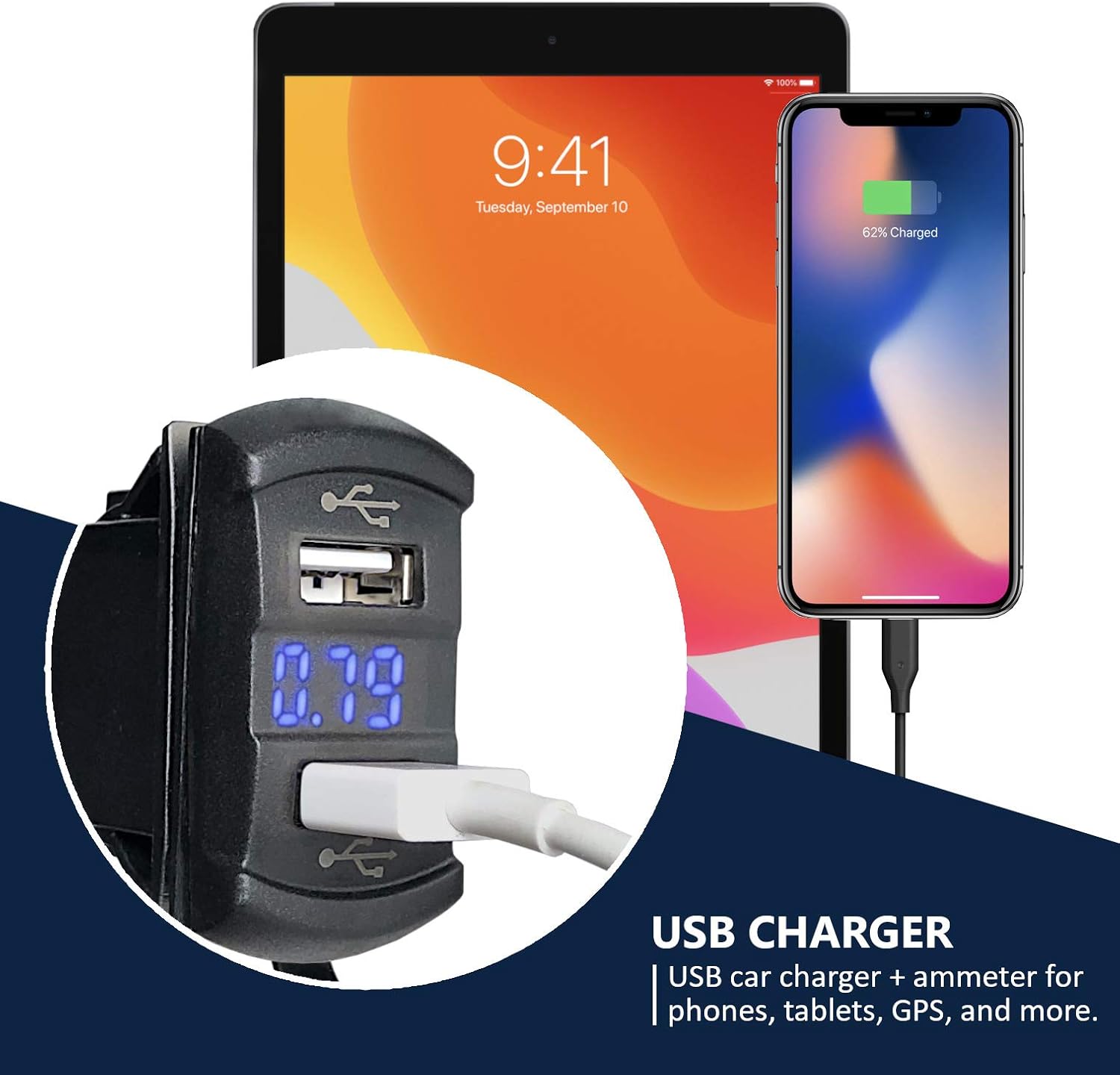 MGI SpeedWare Dual USB Charger with Voltmeter, 12-24v with LED Digital Display (Blue)