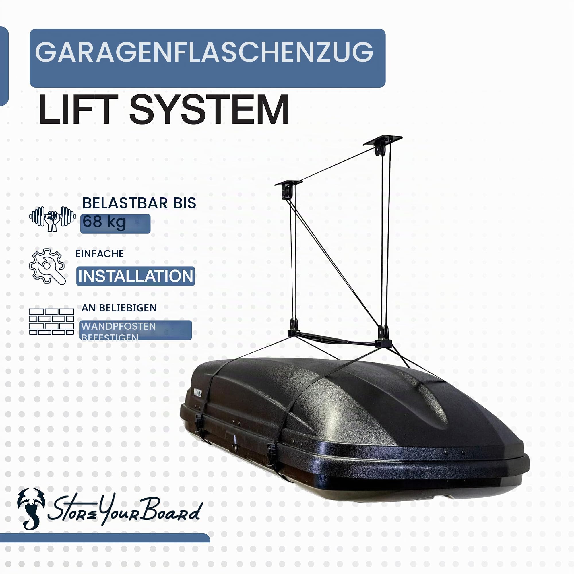 StoreYourBoard Dachgepäckbox, Garage, Deckenaufbewahrung, Überkopf-Organizer, Hebesystem, strapazierfähig, hält 68 kg
