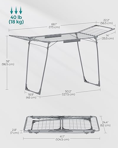 Miniatura 6 de SONGMICS ULLR518G01 - Escurridor de ropa plegable, con alas de gaviota, ahorro de espacio, 22.2 x 68.1 x 38 pulgadas, clips para calcetines,