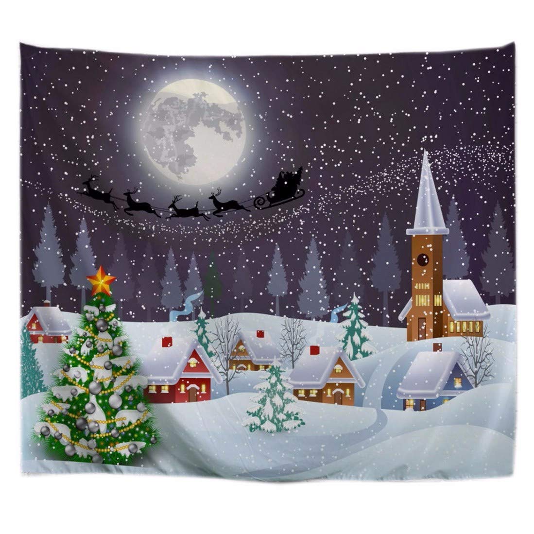 A.Monamour Quite Snowy Night Round Moon Santa Claus On Sleigh With 4 Reindeers Houses Roof With Snow Print Textile Tapestry Wall Hanging Decors For Home
