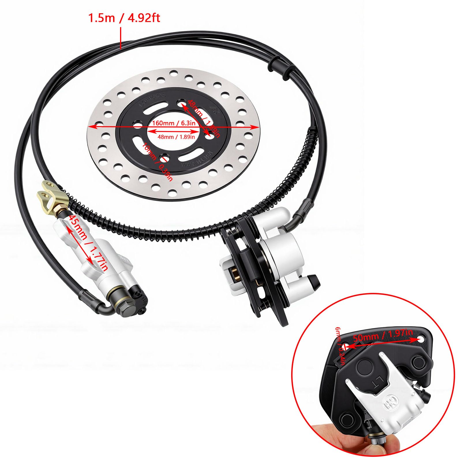KIMISS Kit Rotore Disco di Montaggio Pinza Freno Idraulico Posteriore con Pastiglia Freno Tubo da 1,5 M per Set di Dischi Idraulici ATV Quad Go Kart da 50-125 Ml