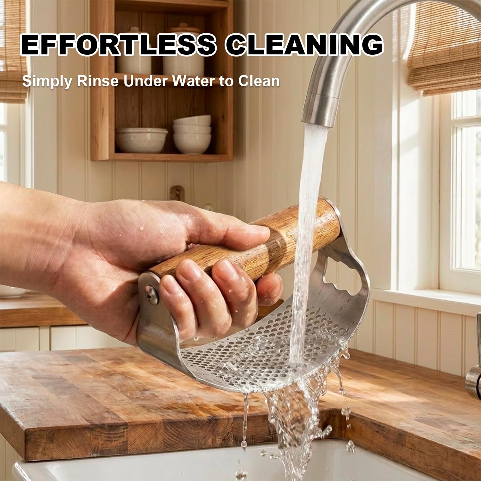 Prensa Ajos Acero Inoxidable con Mango de Madera Ergonómico, 2-en-1 Garlic Press & Abrebotellas, Incluye Pelador Silicona, Cepillo Limpieza, Machacador de Ajos para Picar Jengibre Fácilmente
