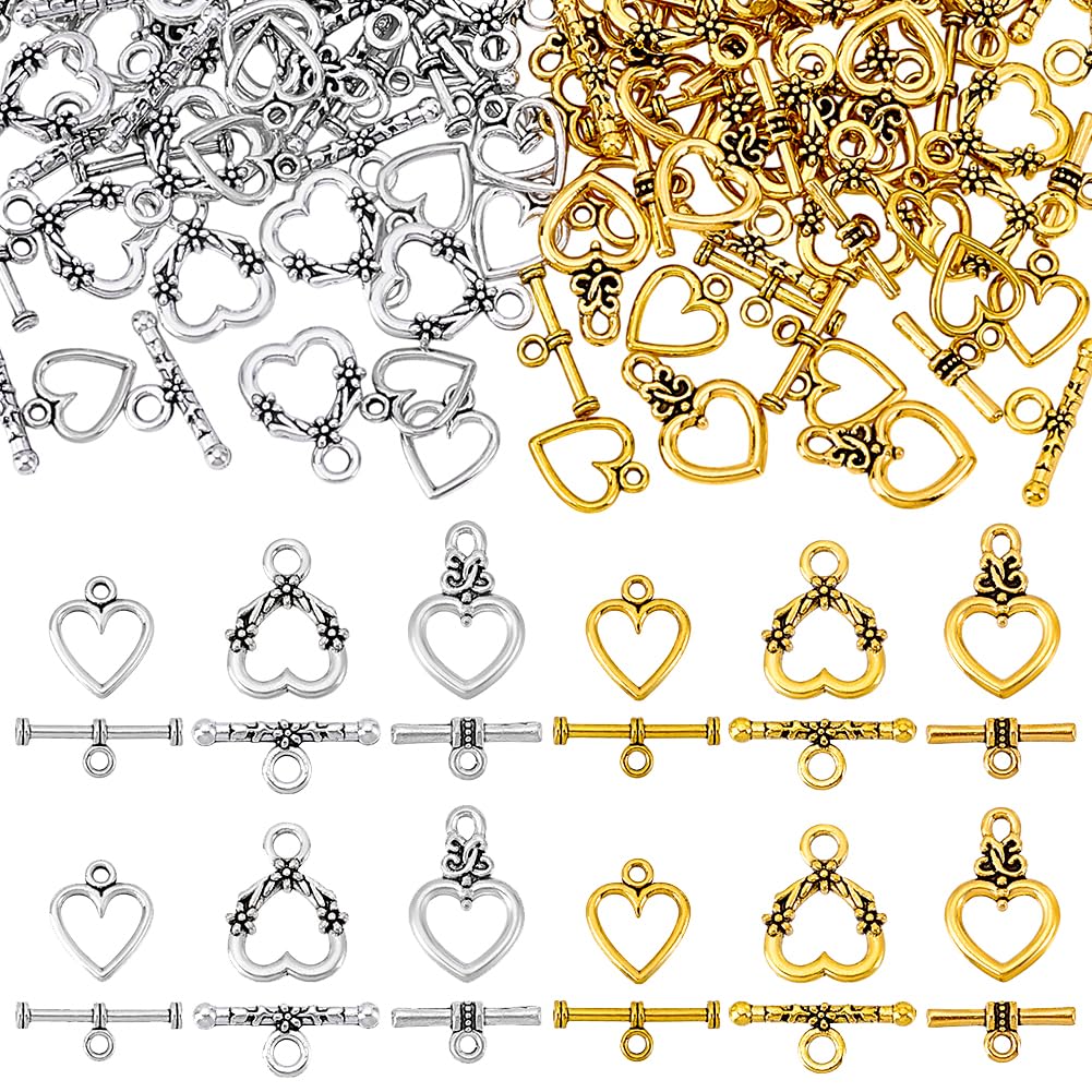 PH PandaHall 90 Set Chiusure a Levetta 3 Stili Fermagli A Barre, Fermagli a Forma di Cuore OT in Lega Chiusura a Clip Chiusura Circolare per Collane Girocolli Bracciali Gioielli