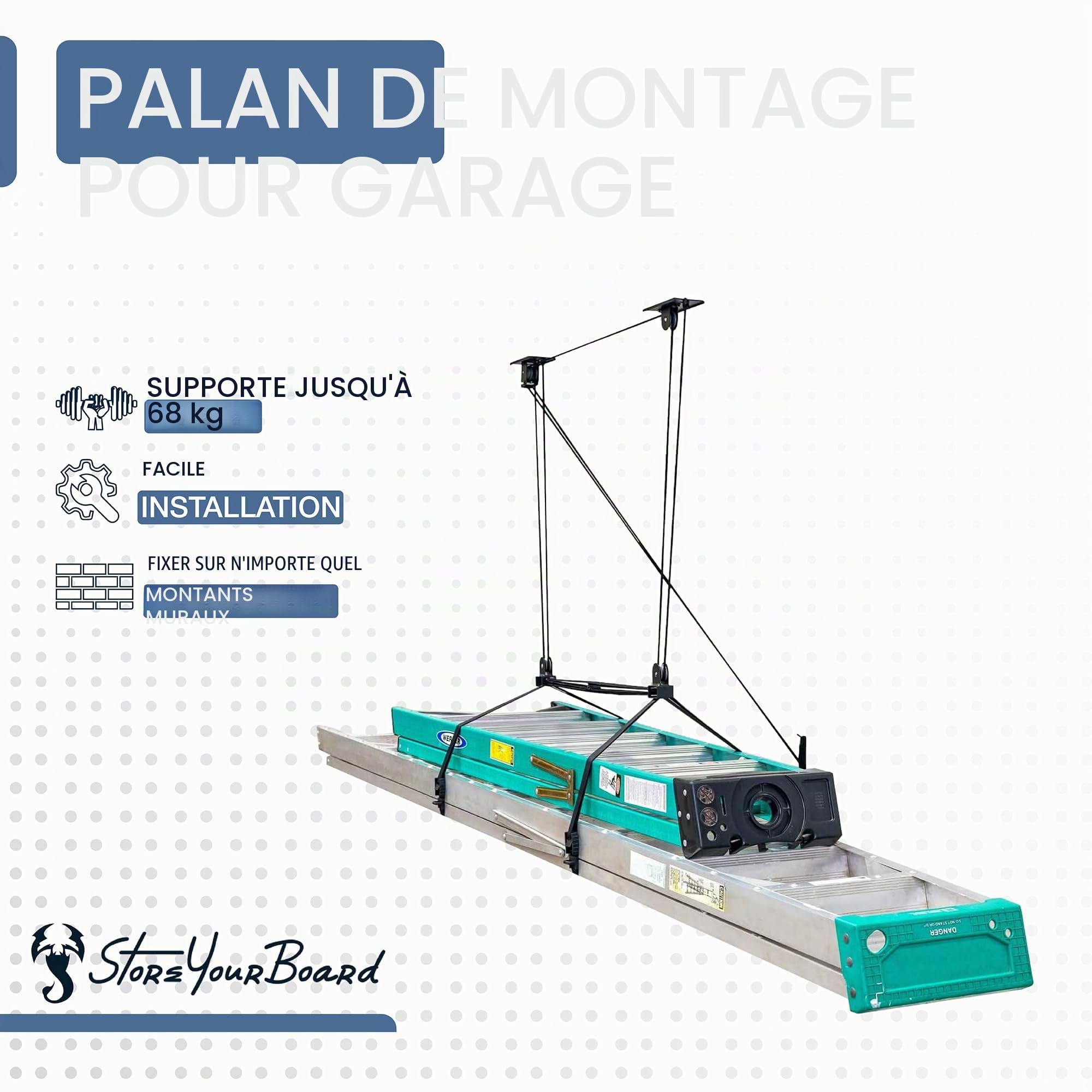 StoreYourBoard Poulie de rangement pour échelle de plafond de garage, système de levage intérieur, robuste, peut supporter 68 kg