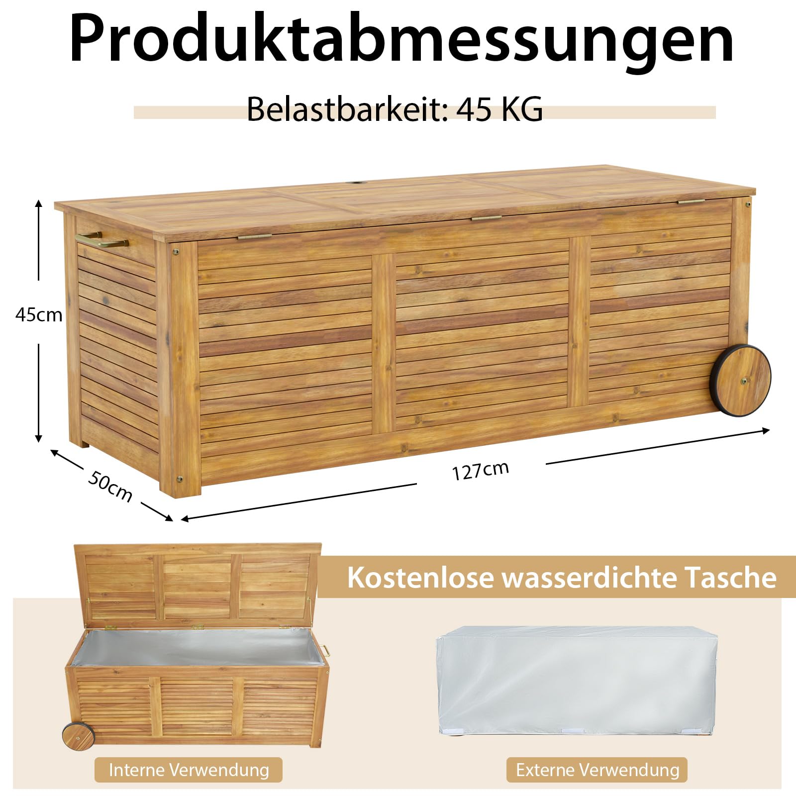 GOPLUS Gartenbox, 182L Aufbewahrungsbox aus Massivholz, Kissenbox mit Rollen, Griff & wasserdichtem Tasche aus PE, Auflagenbox Outdoor für Sitzauflagen, Gartengeräte & Spielzeug, 127x50x45 cm, Natur