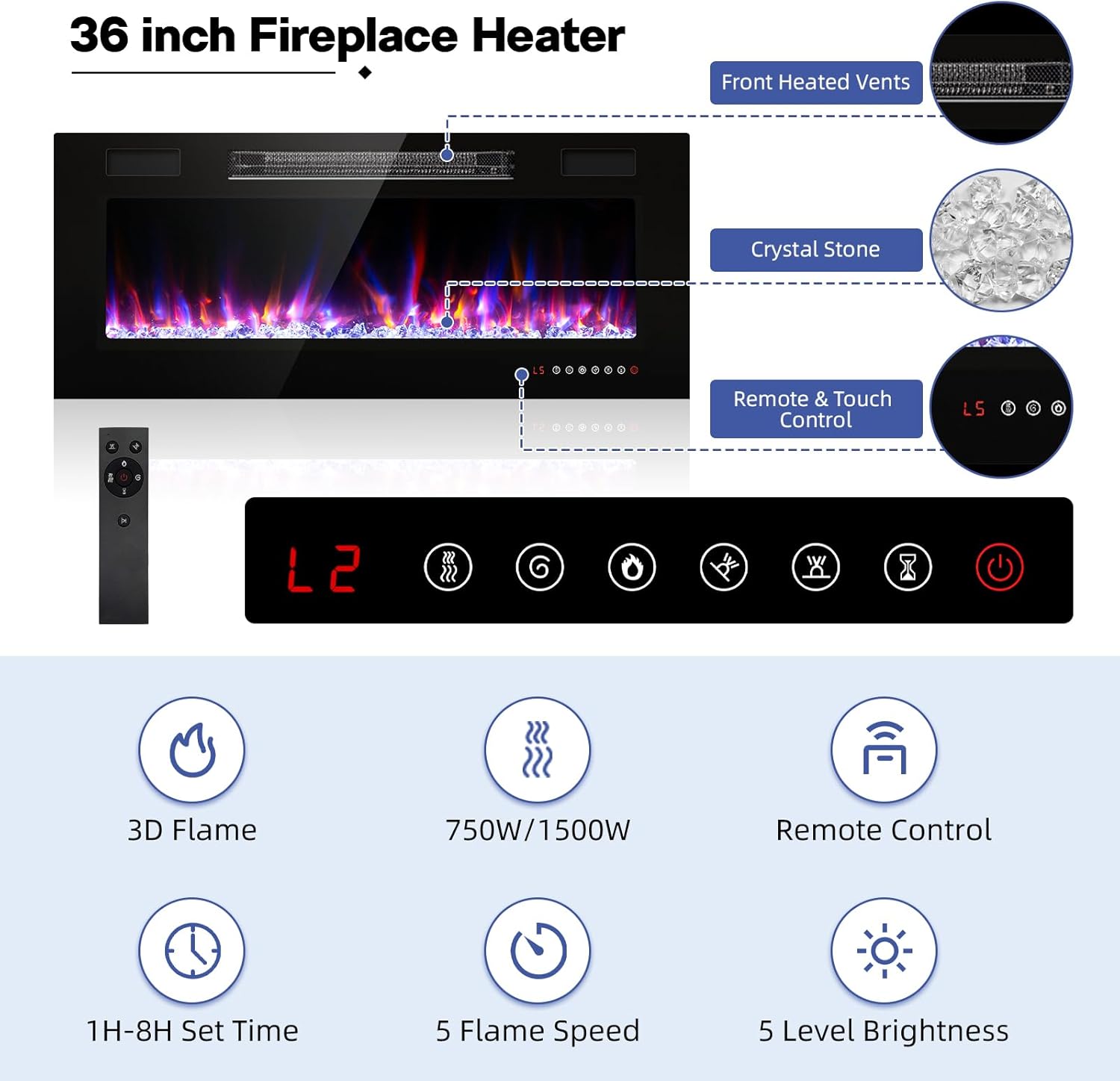 Ludatido 70" Fireplace TV Stand with 36" LED Lights, Modern Entertainment Center for TVs Up to 80", 2 Tier Console Cabinet for Living Room