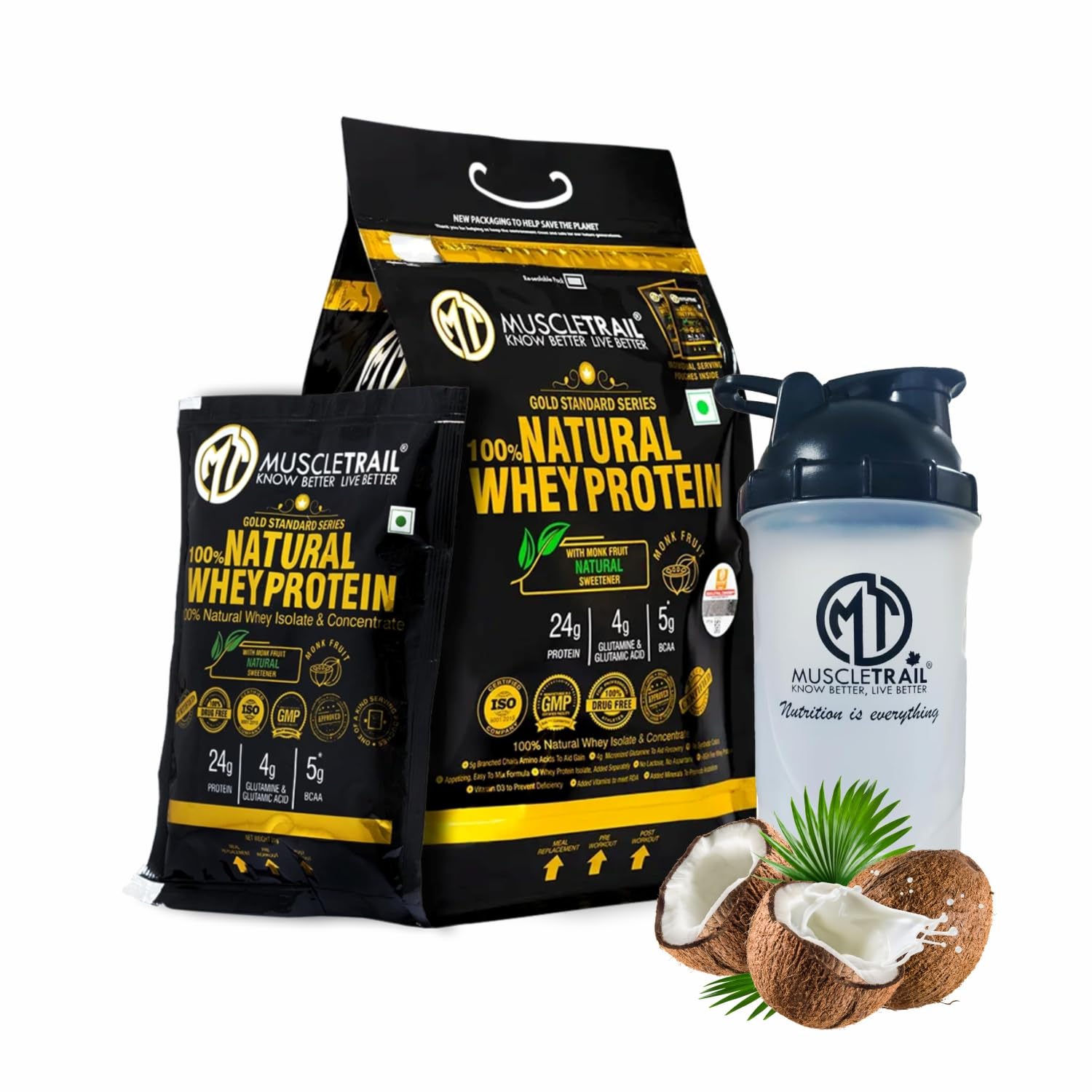 MuscleTrail Gold Standard Series, 60 Pouches, Low Carb & Fat, 24G Natural Whey Protein Powder, Shaker Inside (1.86Kg, Coconut) (B0B1BH3SRK) Amazon Price History, Amazon Price Tracker