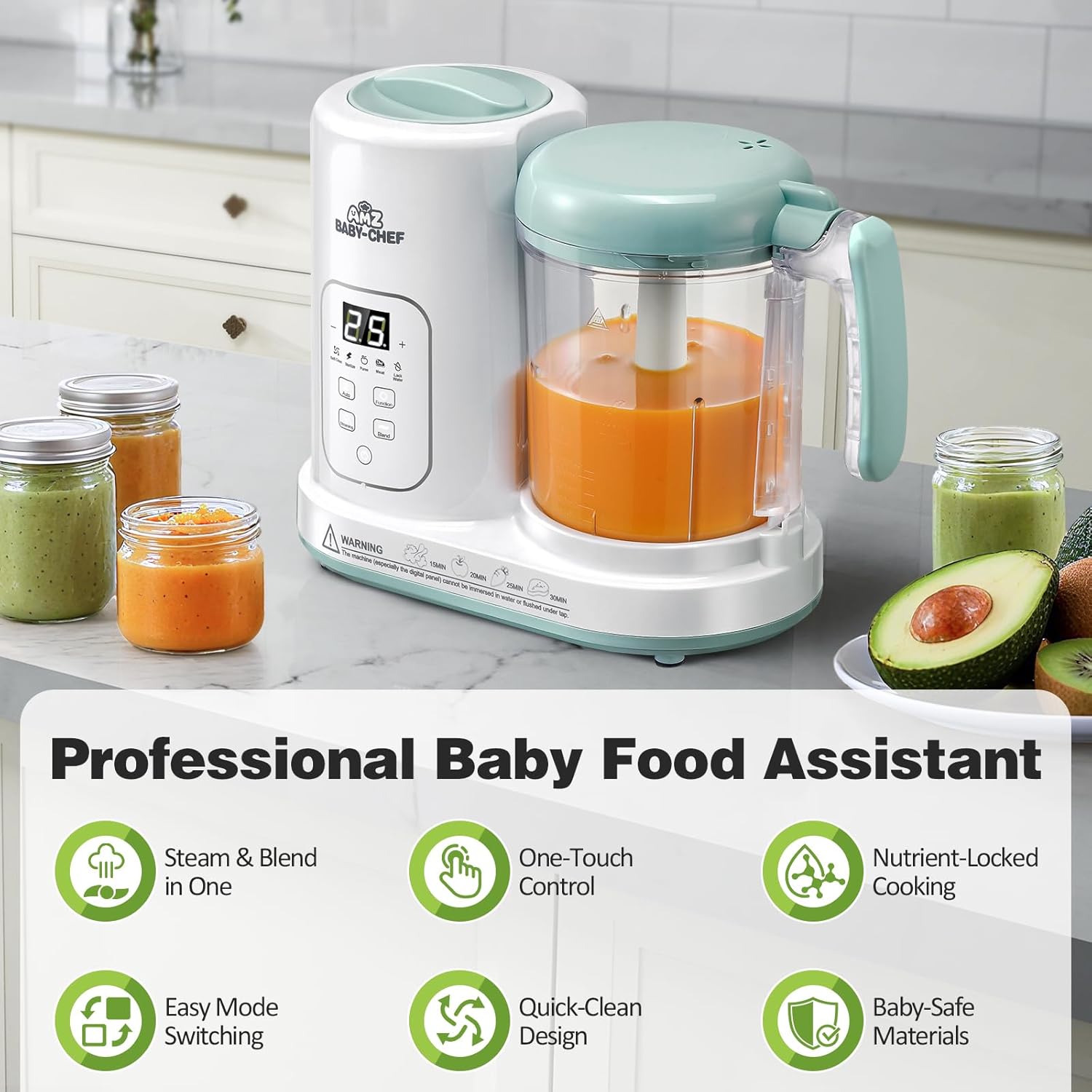 Baby Food Maker Pro Steamer Blender: 4 in 1 Auto Steam Blend and Puree Maker with Self-Clean for Healthy Baby and Toddler Meal Prep - BPA-Free White+Green