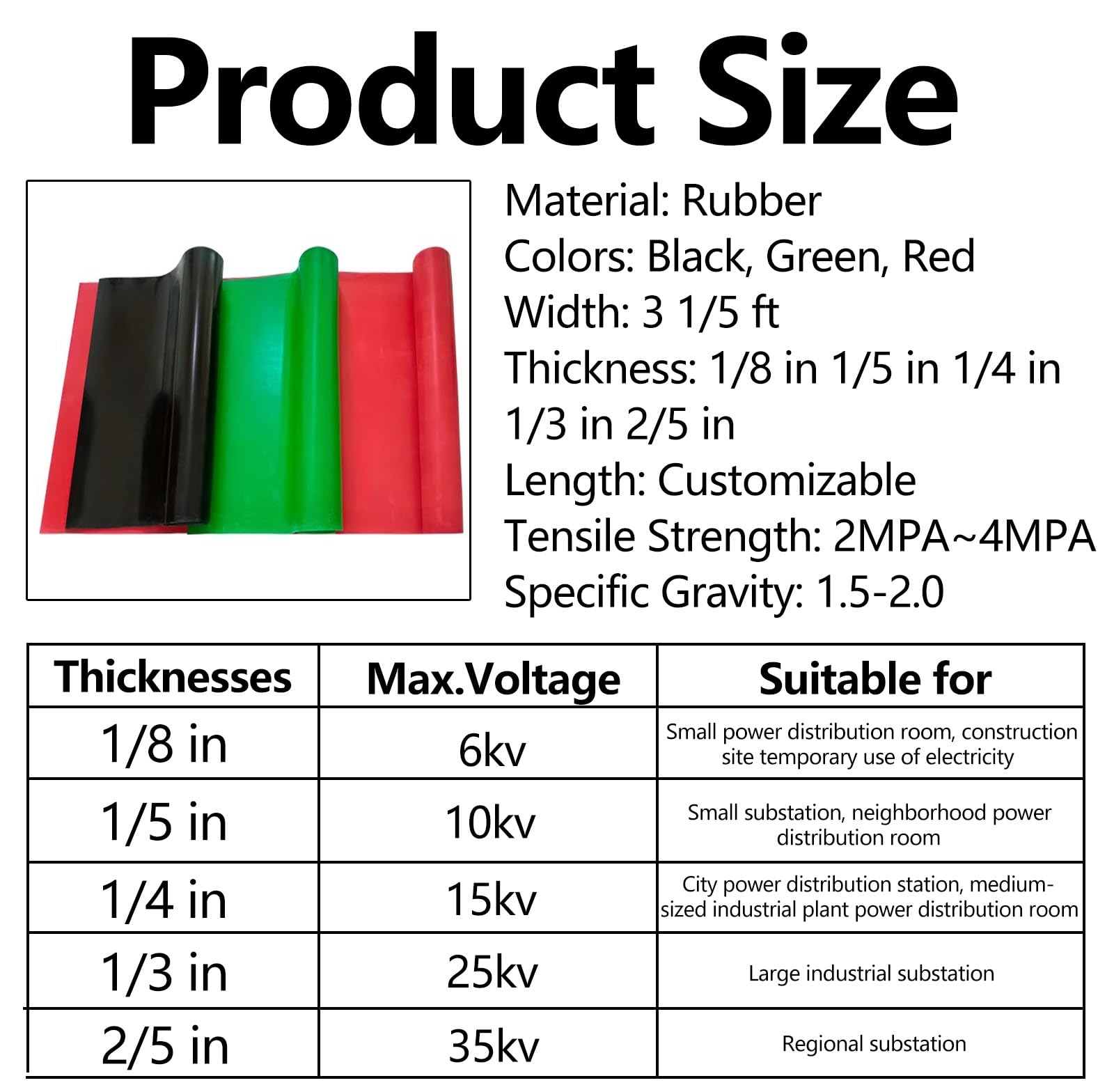Electrical Insulating Rubber Matting- 6 10 15 25 35 KV, Large Distribution Room Rubber Floor Mats for Electrical Safety, Waterproof Vibration Damping Floor Protection Roll(Black,LxWxT 4.5'x3 1/5'x1/10