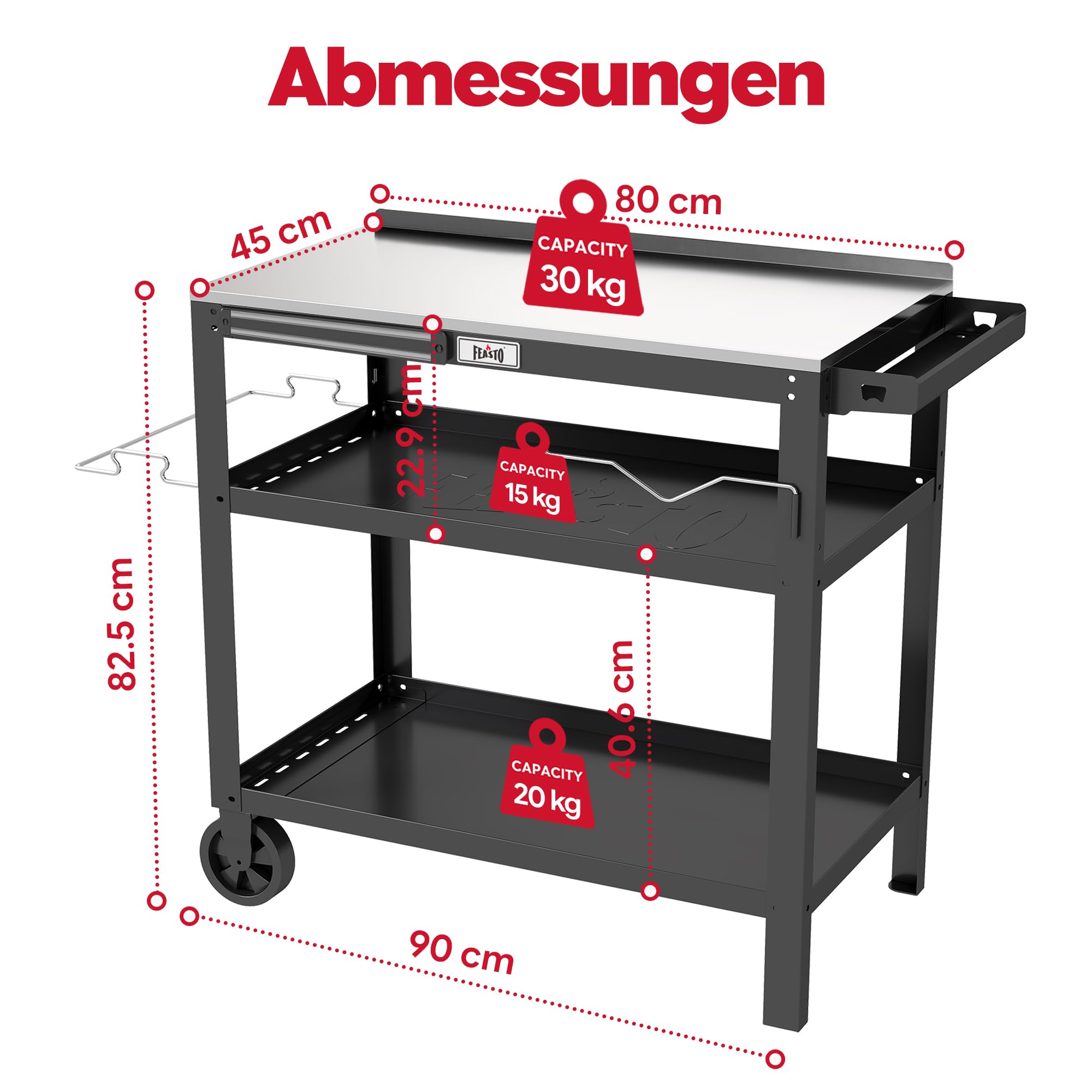 Feasto Grillwagen Outdoor Grilltisch Outdoor Servierwagen Pizzatisch | 90x46x82,5 cm Outdoor Grill Trolley mit Edelstahlplatte, Gewürzregal, Magnetleiste, für Hinterhof, Garten, Terrasse