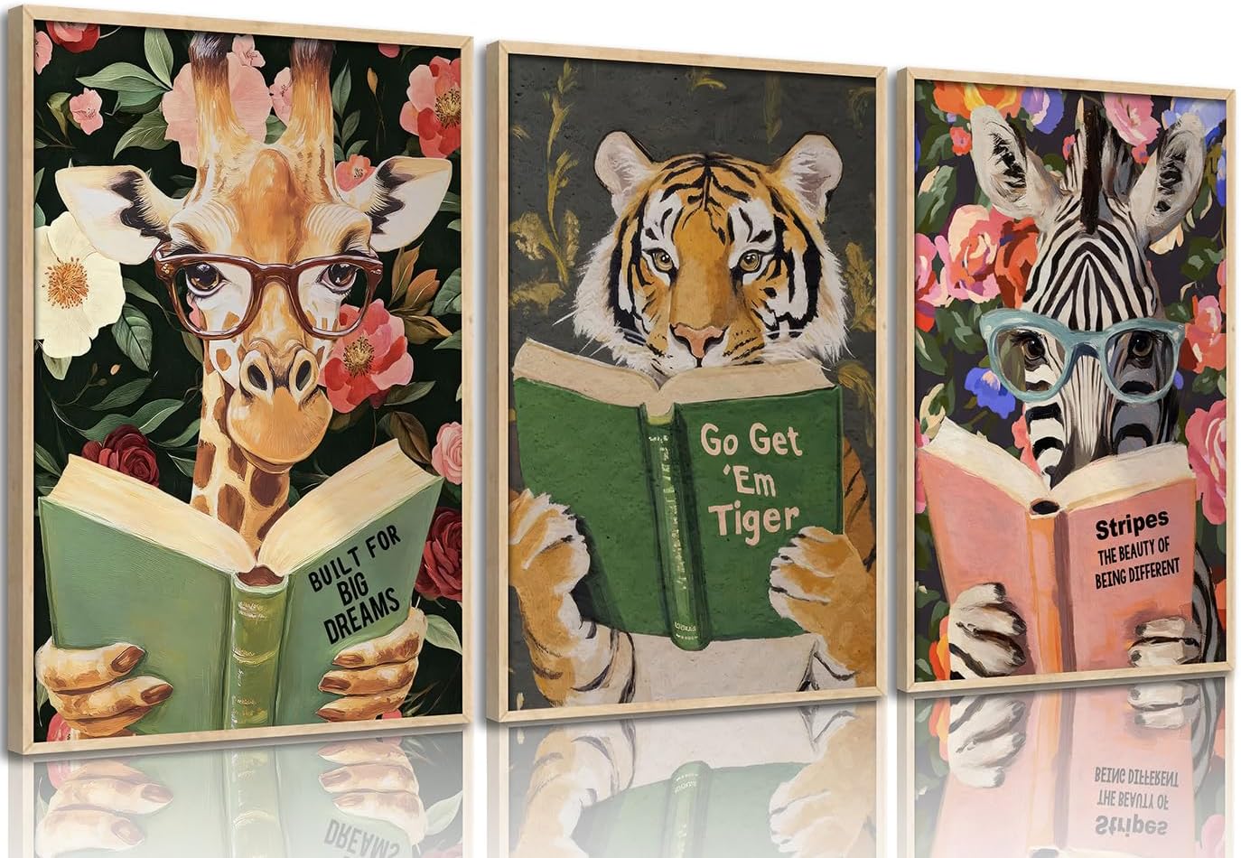 Funny Whimsical Animal Wall Art Motivational Tiger Giraffe and Zebra Reading Book Pictures Nursery Decor Humorous Bookworm Posters Literary Animal Print Artwork for Library Office Study, Unframed