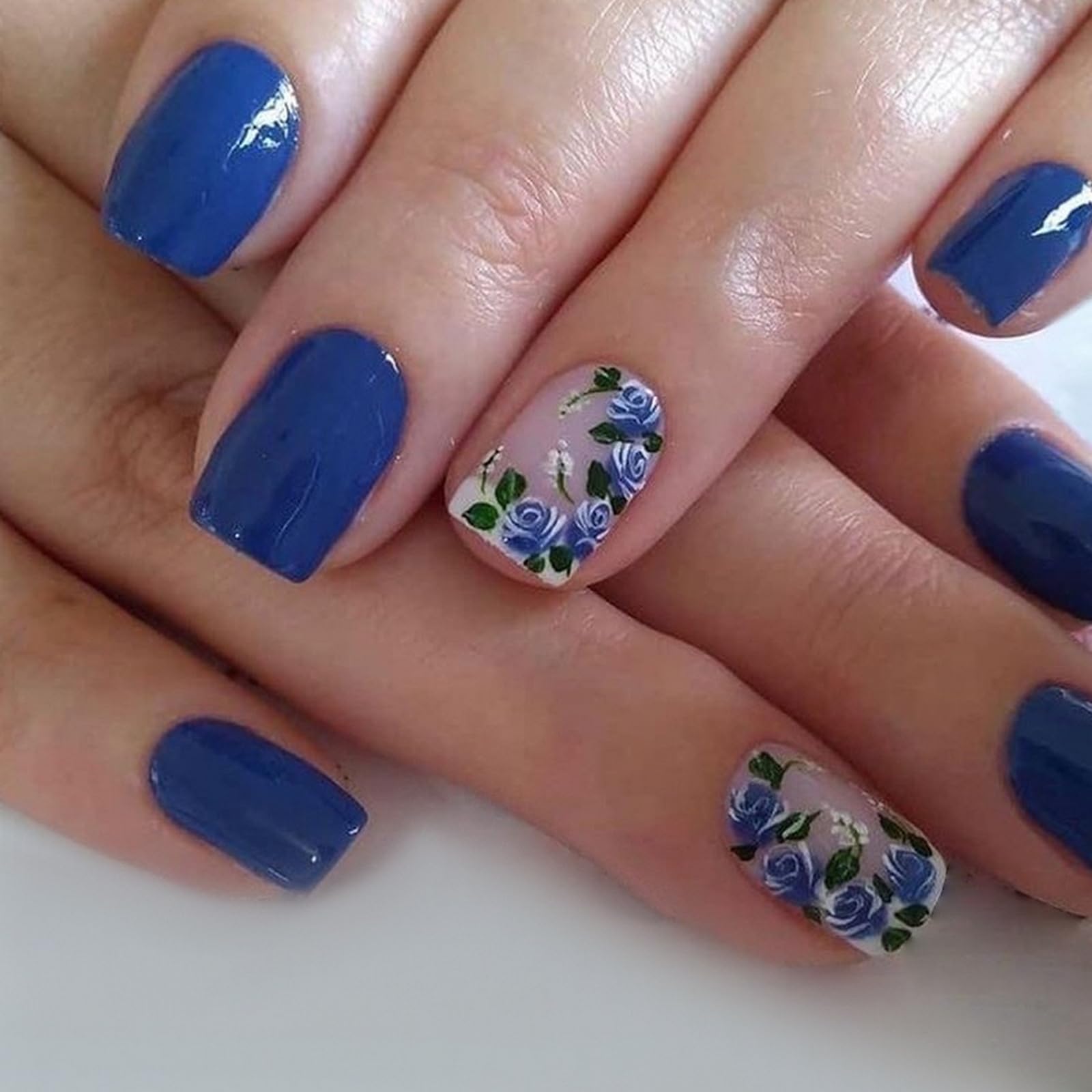 Blue Press on Nails Short Square OFDNE White French Tip Fake Nails Flower False Nails with Rose Floral Designs Glossy Glue on Nails Spring Summer