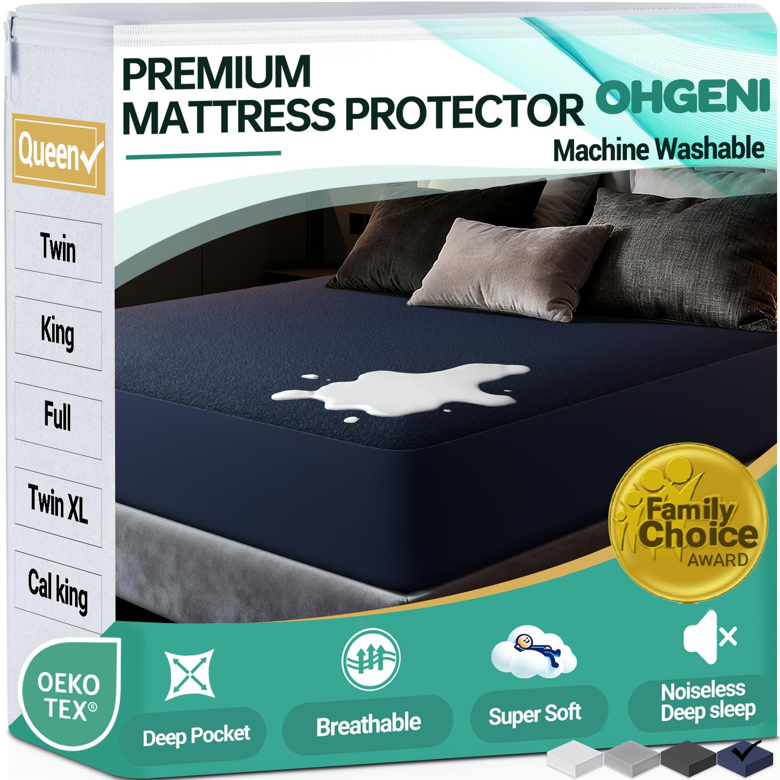 OhGeni Waterproof Mattress Protector, Queen Size Mattress Pad Fitted with Deep Pocket 6"-18", Breathable Soft, Washable DirtProof Mattress Cover, Navy Blue, More Than 99 pcs fibers, Daybed Cover