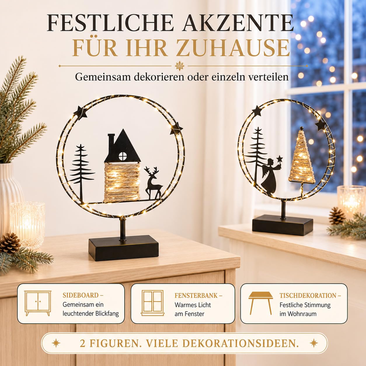 formano LED-Kreise 2er-Set Engel & Winterdorf Timer 6h/18h Weihnachtsdeko | Je 43 Lämpchen, warmweißes Licht, Sisal-Akzente, für die Winter- und Weihnachtszeit