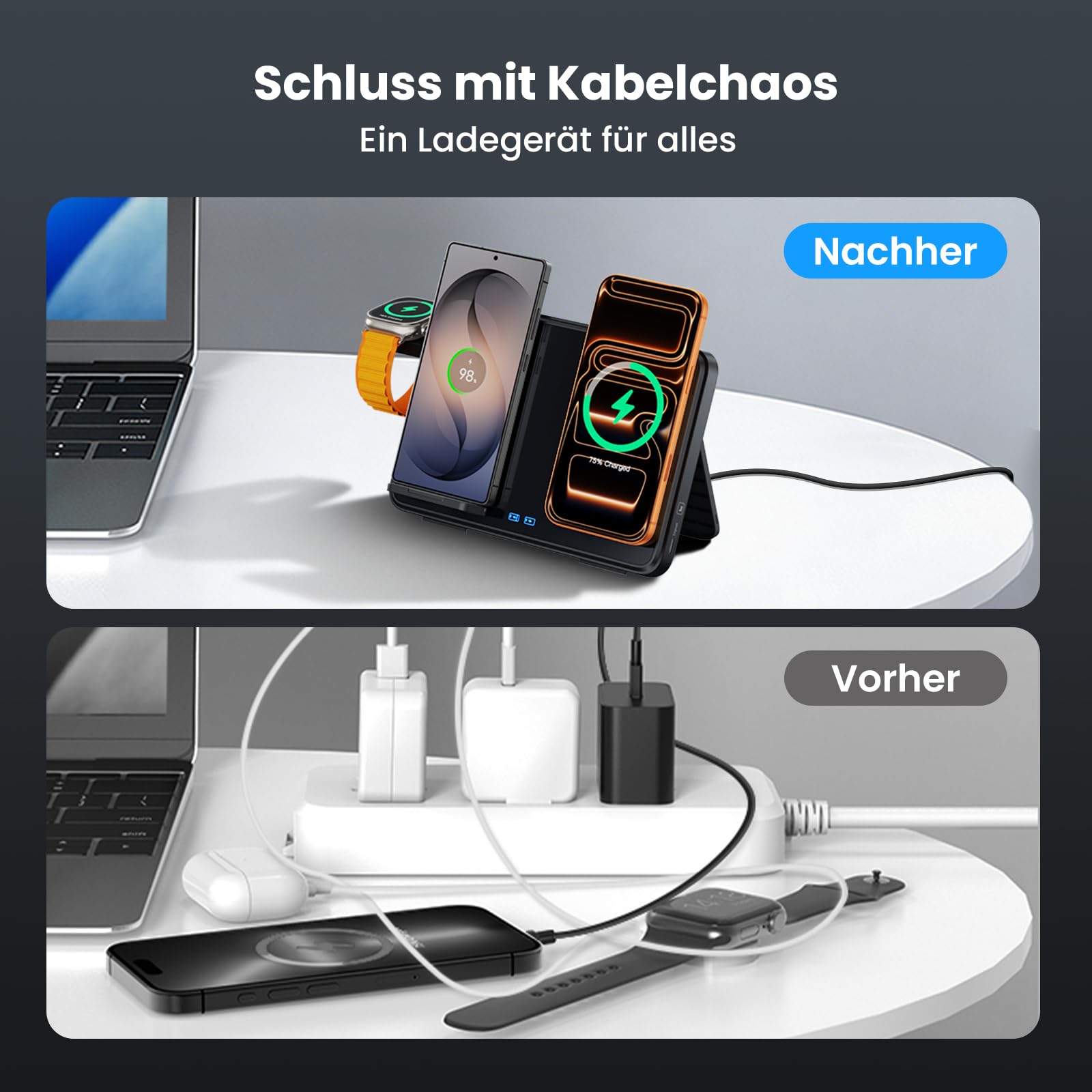 Dual Induktive Ladestation für iPhone & Samsung – Faltbarer 4-in-1 Wireless Charger mit Nachtlicht für Apple Watch & AirPods, reisefreundlich, inkl. PD 30W Adapter, Schnellladen kompatibel