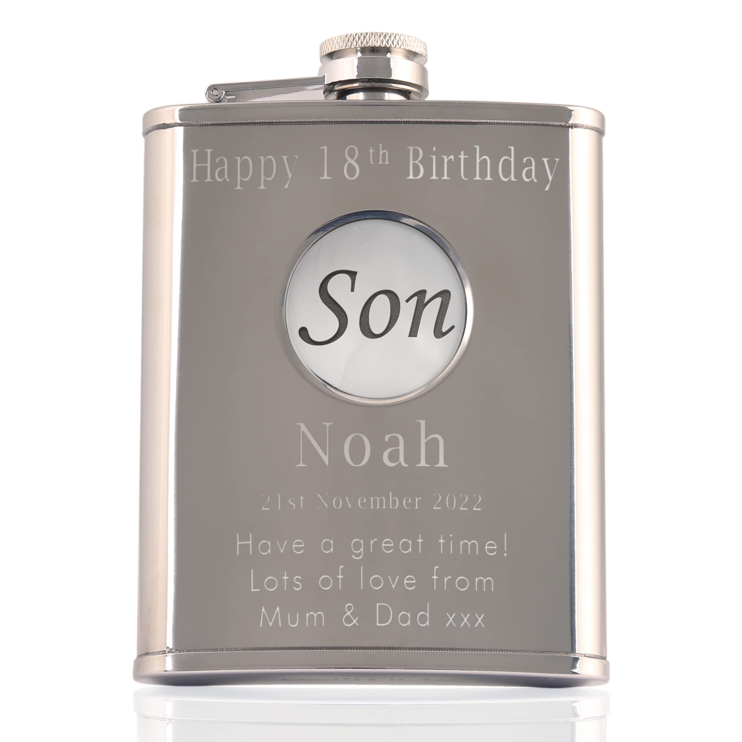 The Great Gifts Company Men's Silver Son's 18Th Birthday, Personalised Engraved 6Oz Stainless Steel Hip Flask With Solid Pewter 'Son' Feature, Birthday