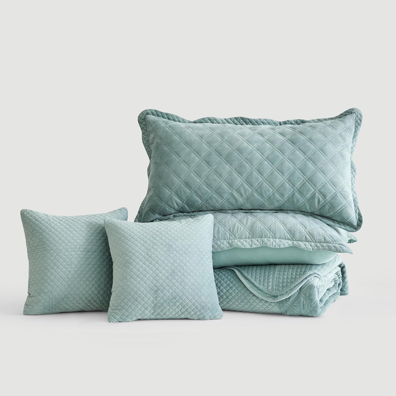 Oversized Velvet Quilt King 128x120 Extra Wide – Reversible Velvet Bedspread & Coverlet Set, 5 Piece Lightweight All Season Comforter Bedding, Geometric Diamond Quilted Design, Seaglass - Image 8