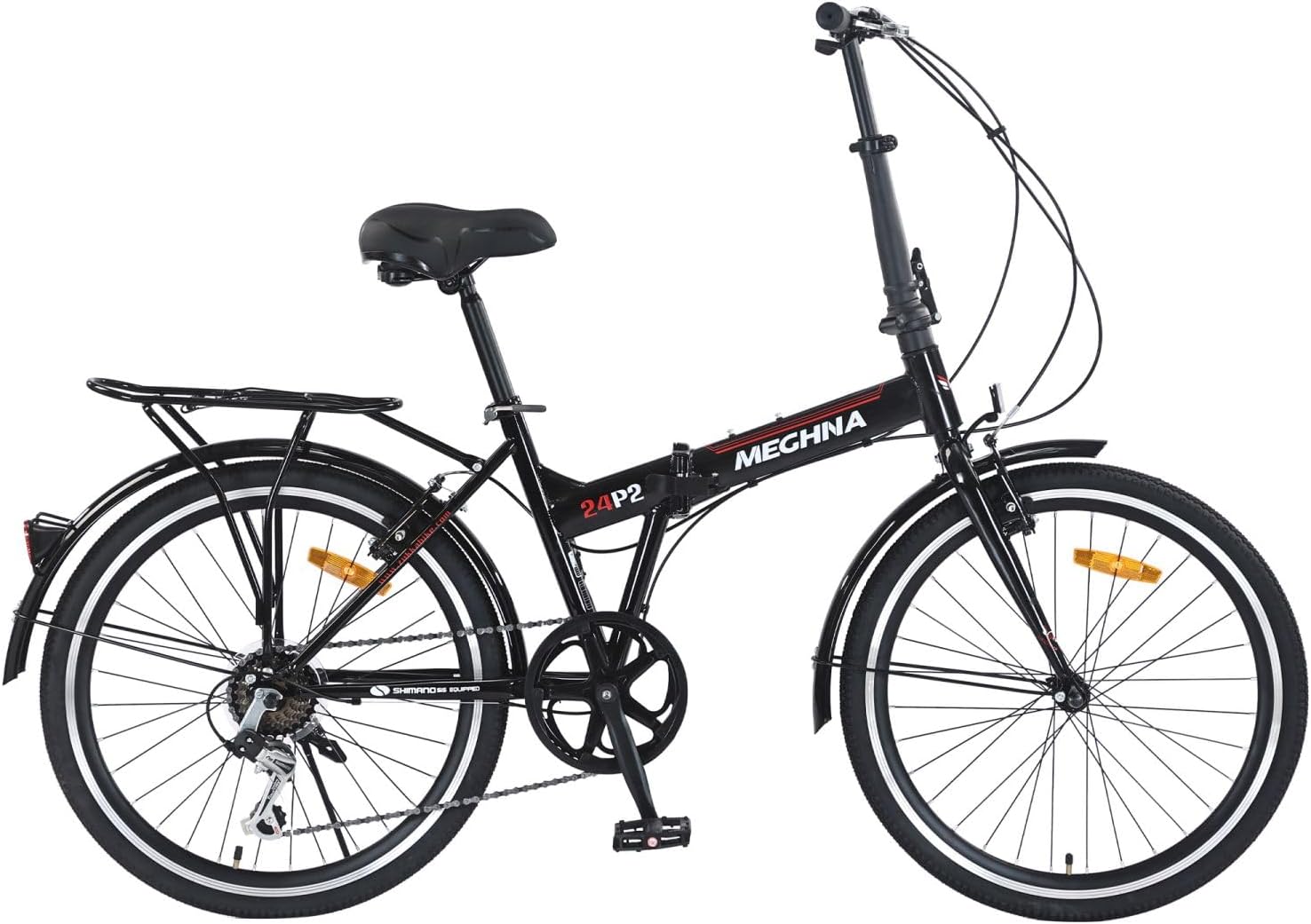 MECHNA 24-Inch Folding City Bike, 7-Speed Steel Frame, Double V-Brakes, Leather Saddle