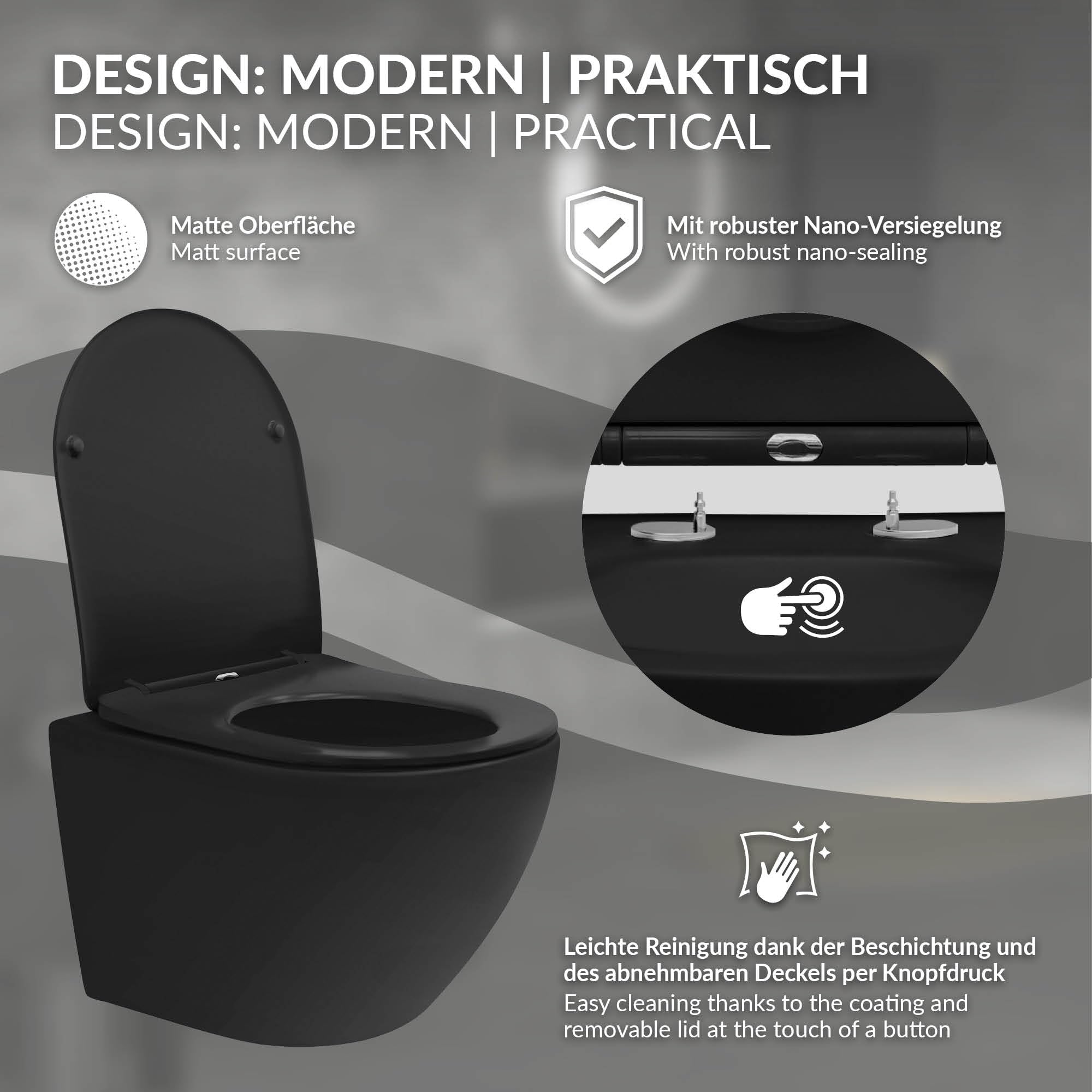 LuxeBath Inodoro Suspendido de Pared sin Descarga Diseño Cerámica Negro Mate WC con Asiento Extraíble de Duroplast Sanitario con Mecanismo de Cierre Suave Lavado de Corta Proyección 49 cm
