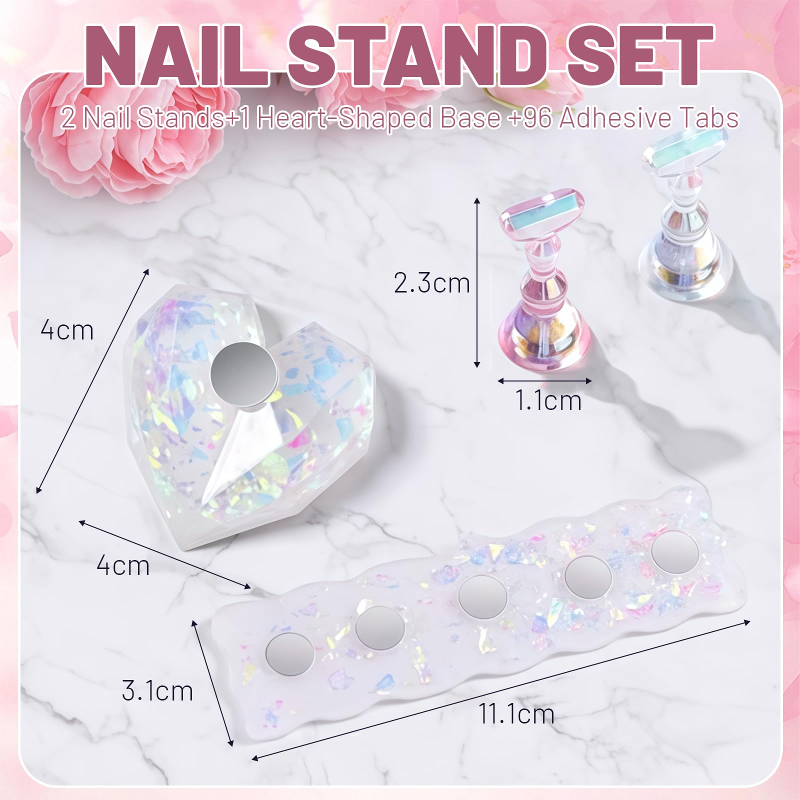 AstraGlam Nail Stand Set 2 Pieces with Heart-Shaped Base and 96 Sticky Pads - Image 2
