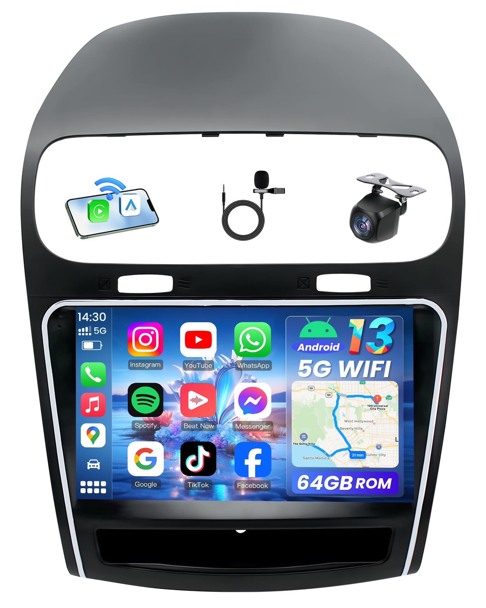 Car Radio for Dodge Journey 2011-2019: [4Core 64G ROM] 9" 1280 * 800 HD Touchscreen Stereo with Wireless Carplay Android Auto 5G WiFi GPS Navigation Bluetooth FM RDS DSP EQ SWC 1080P Backup Camera