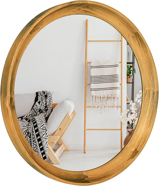 JIYUERLTD 14inches Wall Mirror Wood Retro Round Mirror Decorative HD Mirror for Bathroom Entryways Living Rooms and Powder Room,Bedroom