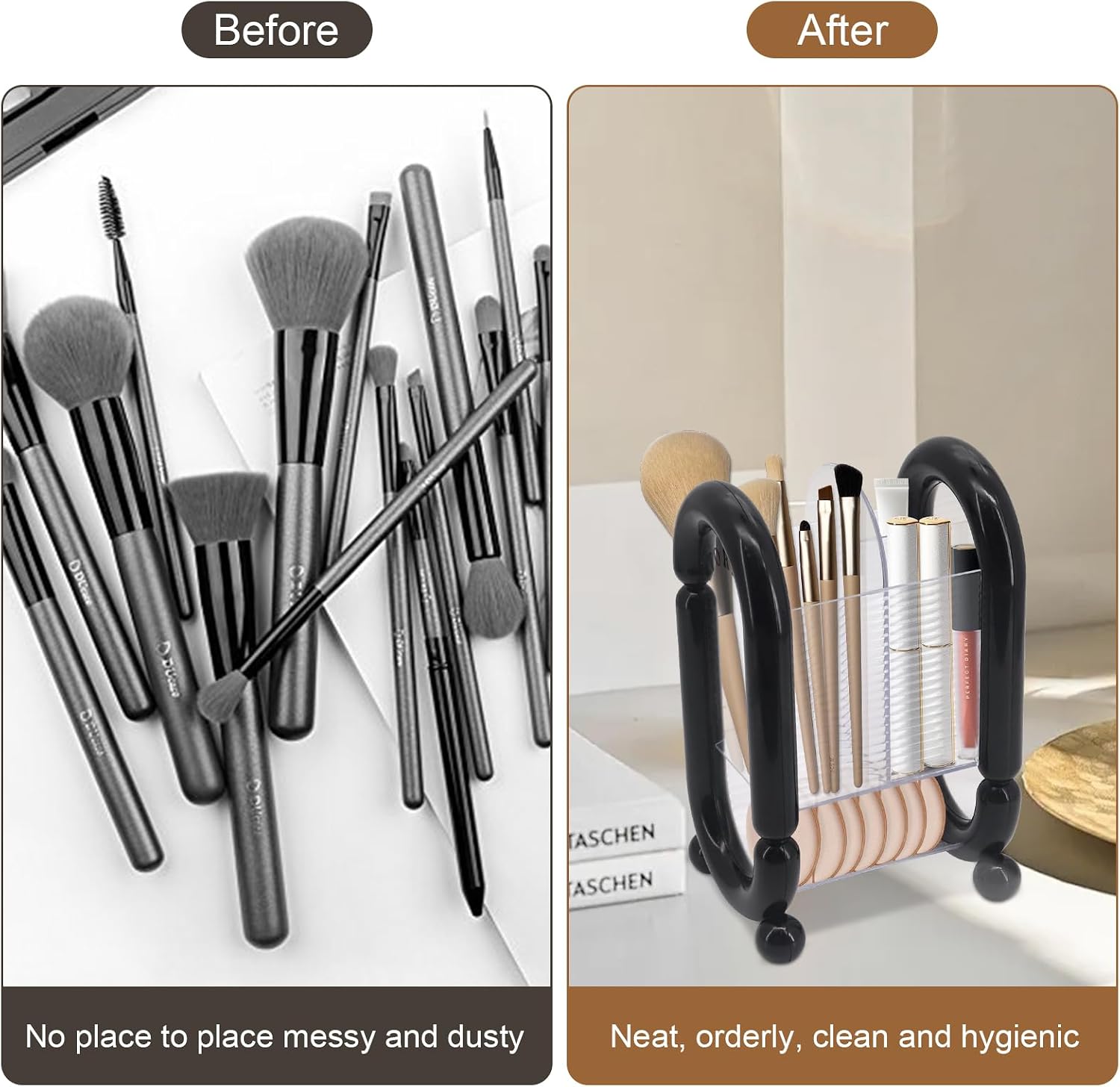 Makeup Brush Organizer, Plastic Cosmetic Brushes Storage Holder for Vanity, Cosmetic Brush Storage Box with 4 Compartment for Dresser, Pencil Cup image 4