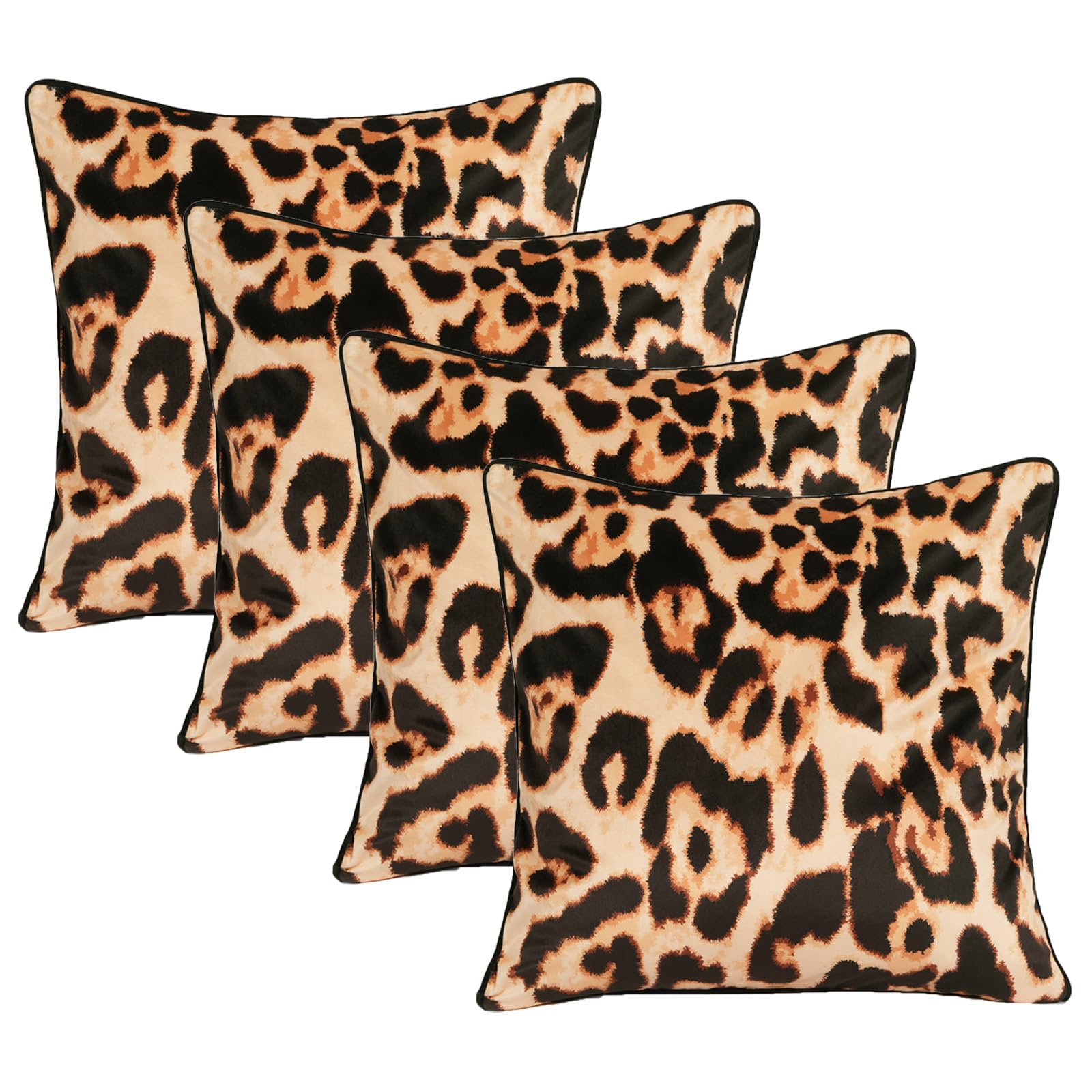 Ohs Natural Brown Pillow Covers Pack Of 4 Leopard Print Matte Velvet Cushion Covers, Soft Cosy Fabric Leopard Print Design Cushions For Livingroom Bed Couch, 45X45cm