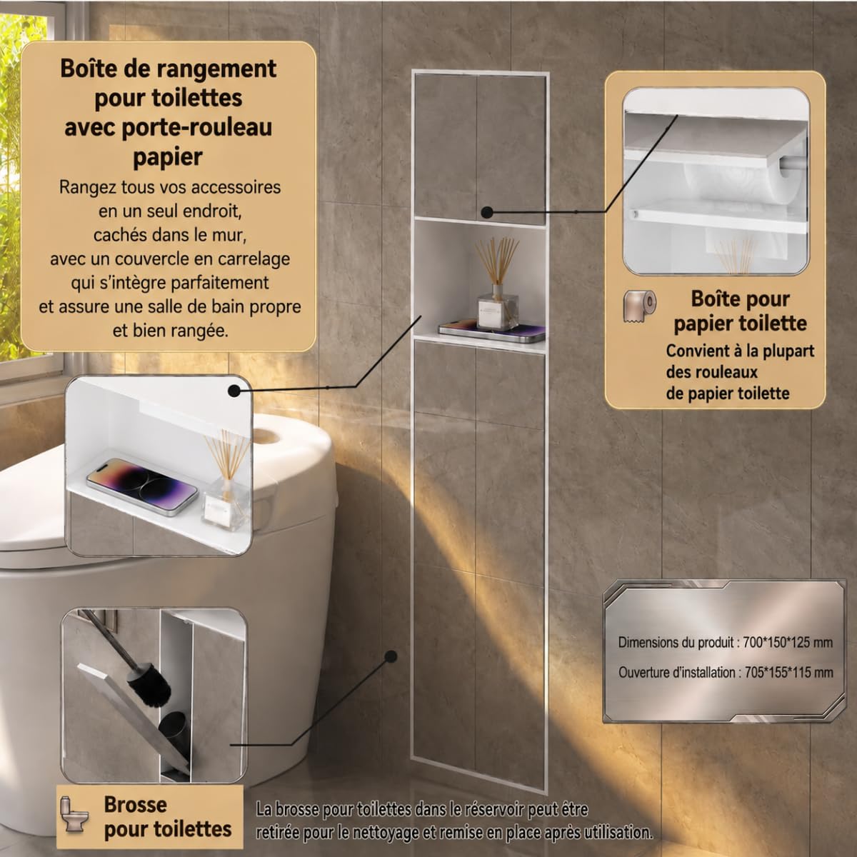 Armoire Toilette encastrée INOX, Blanc Mat, 70x15x12cm