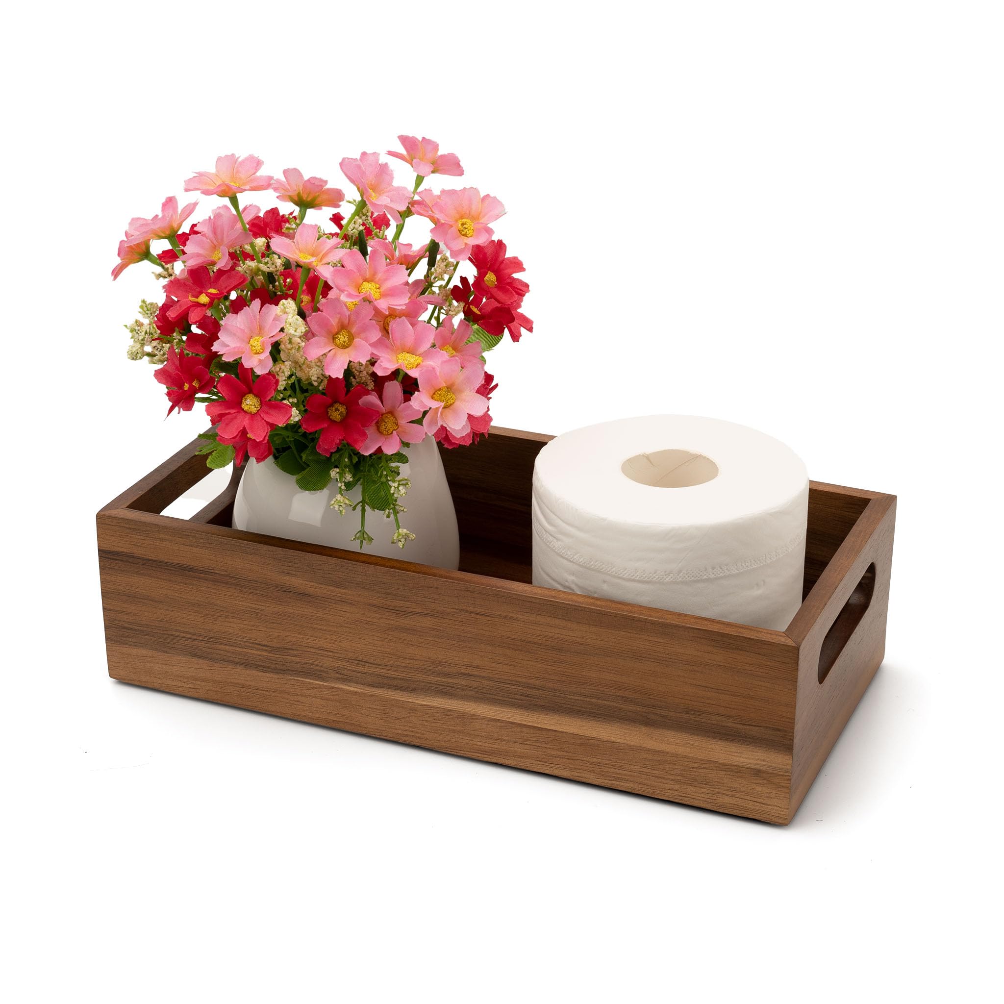 Eitida Natural Acacia Hardwood Bathroom Tray with Handles for Organizing Toiletries and Accessories - 12.25L x 6W in on Countertop, Shelf, or Tank Top