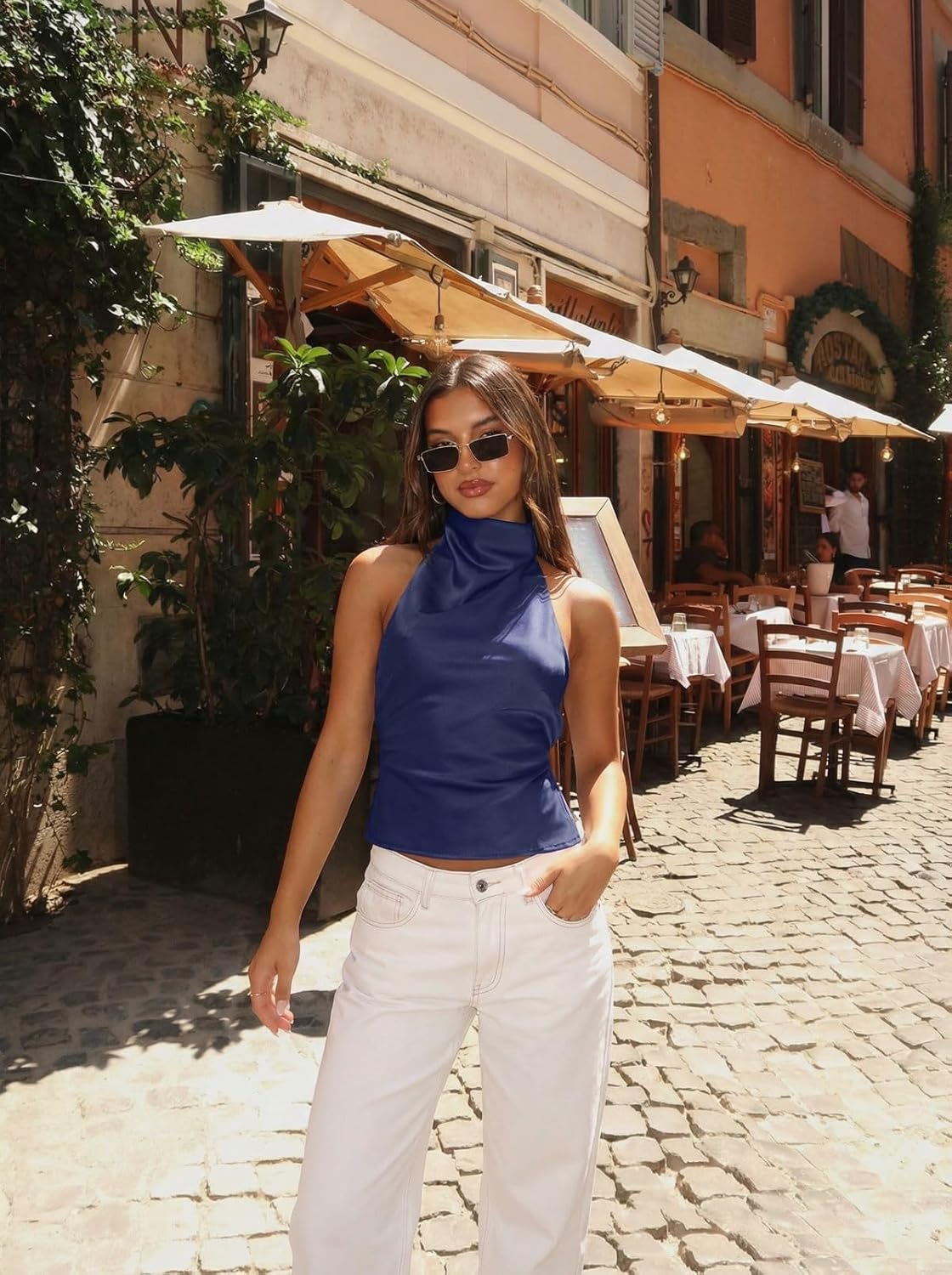 Womens Sexy Backless Silk Satin High Halter Top Sleeveless Adjustable Back Ties Y2K Going Out Cropped Tank Tops - Image 6