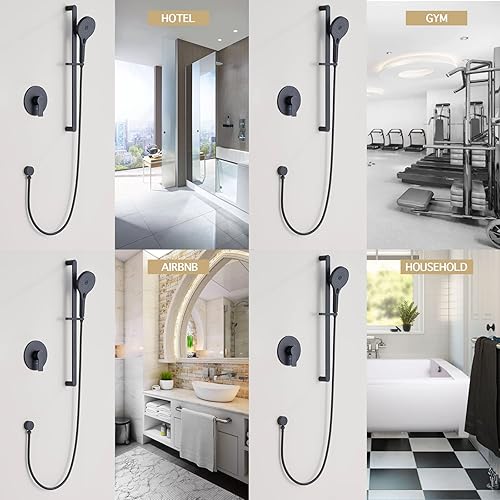Miniatura 7 de Ducha de mano con barra deslizante, varita de ducha de mano de 3 funciones, color negro mate, sistema de ducha de barra deslizante con válvula