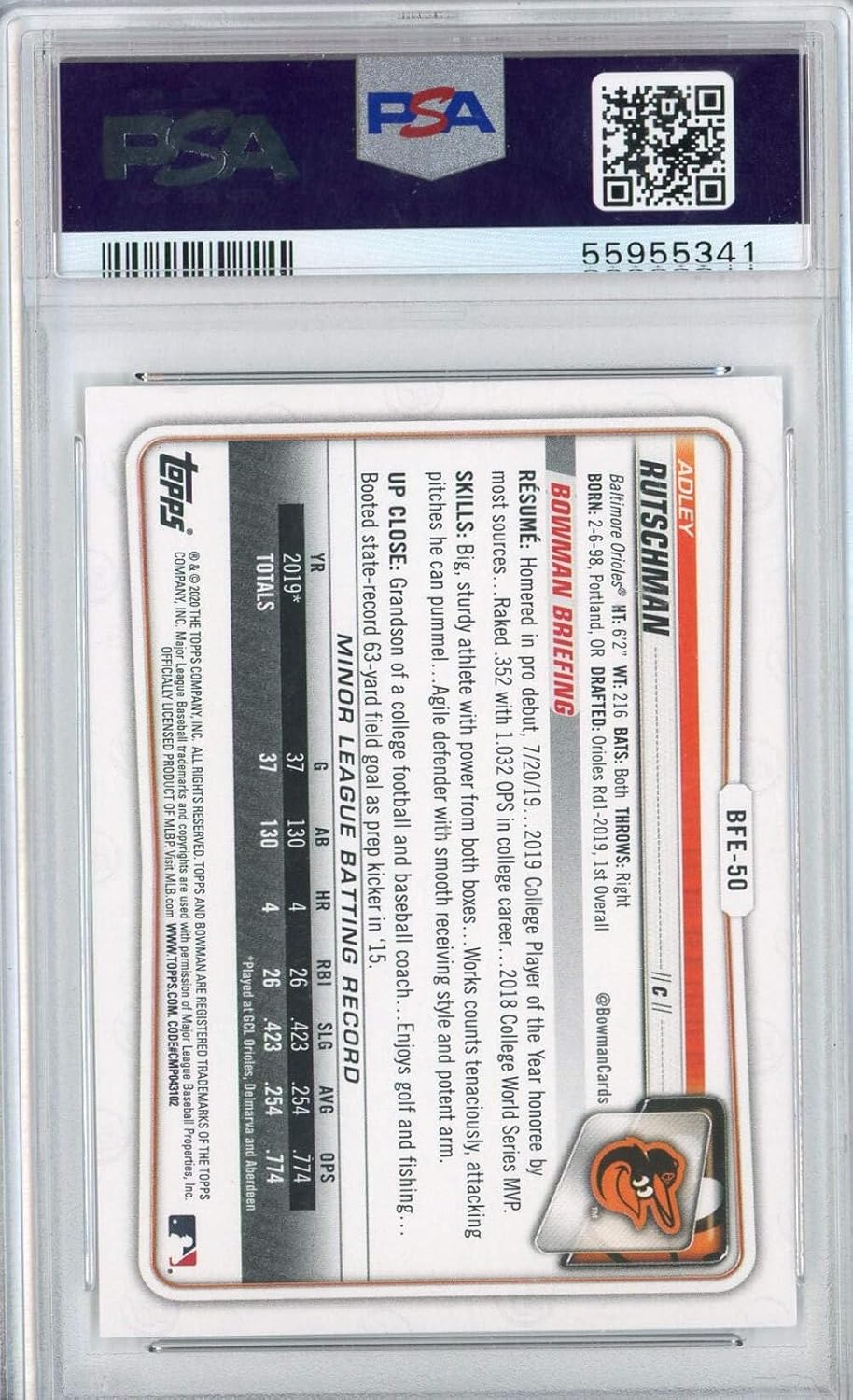 Graded 2020 Bowman 1st Ed Adley Rutschman #BFE50 Rookie RC Baseball Card PSA 10 Gem Mint