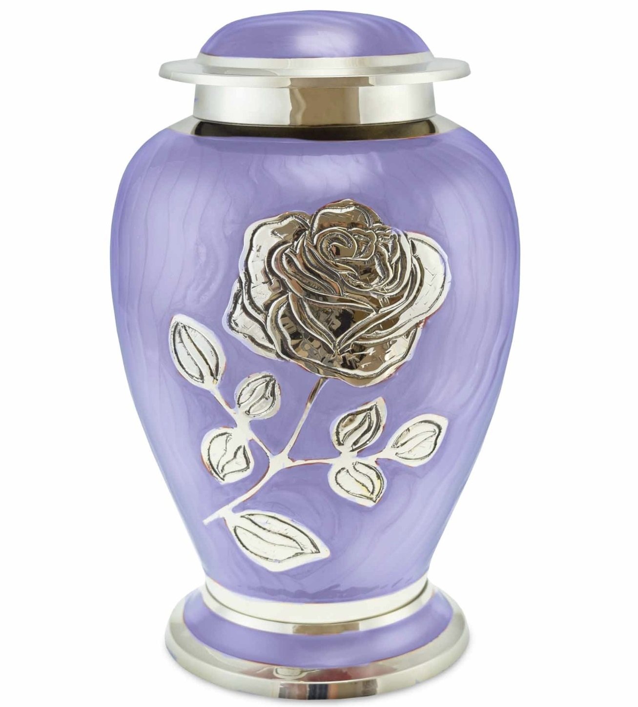 Ansons Urns Silver,Purple Silver Rose Cremation Urn - Funeral Urn With Large Flower On Lilac Purple Enamel - Burial Urn For Human Ashes Adult Size - 100% Brass