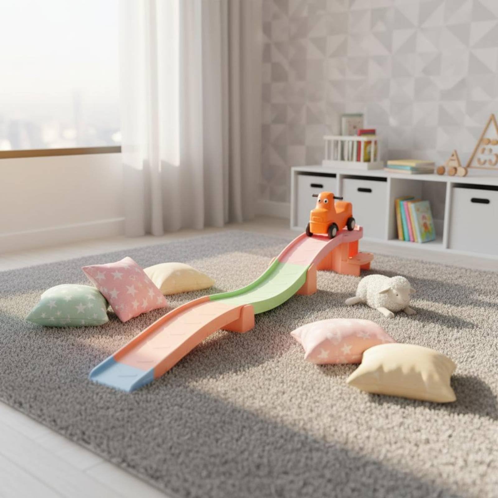 Rutschbahn mit Auto sensorische Förderung dreiteilige Rutsche stabile Konstruktion Kinderspielzeug für Kleinkinder, zu Hause, Kindergarten, Draußen, Klassische Farbe