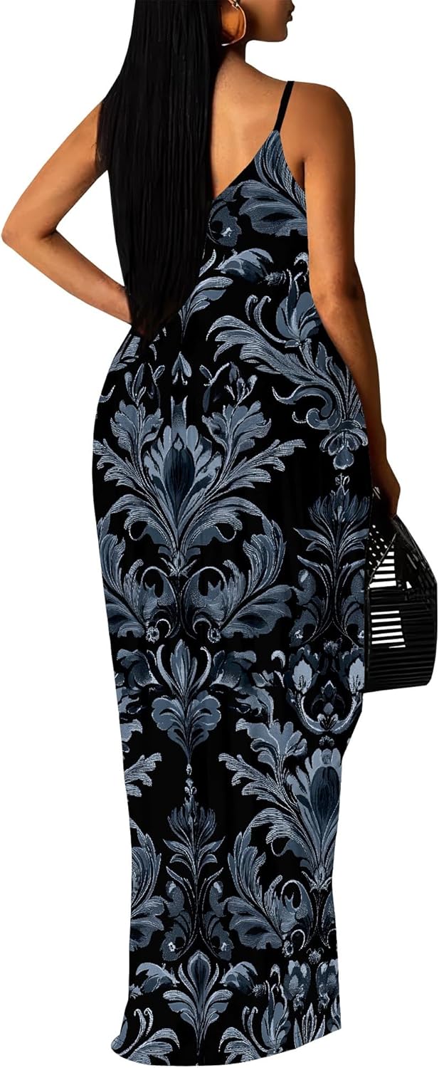 Women's Summer Maxi Dress Spaghetti Strap Floral Boho Beach Long Sundress with Pockets - Image 4