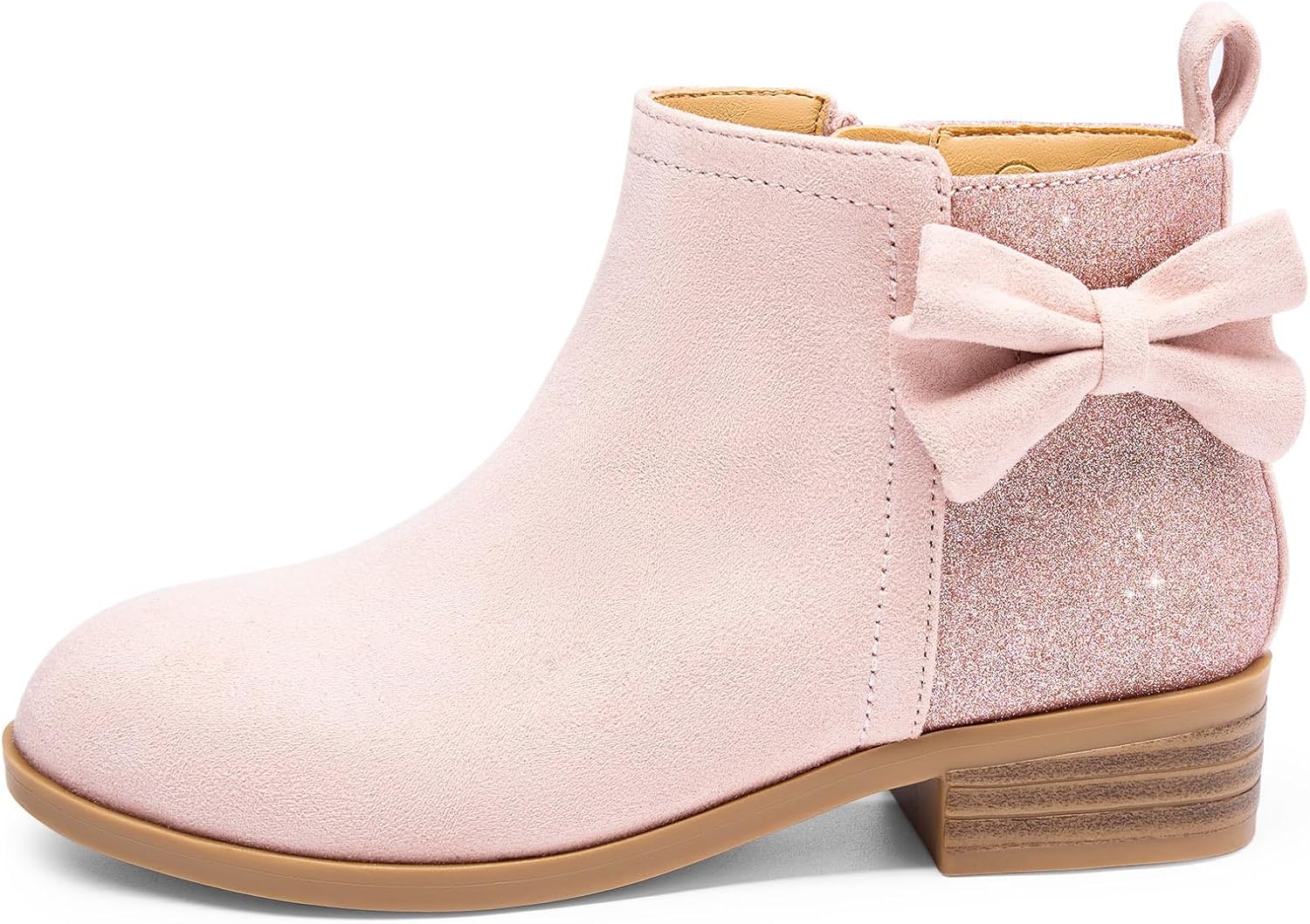 Coutgo Girls Bow Glitter Ankle Boots Side Zipper Low Heel Short Booties Dress Shoes