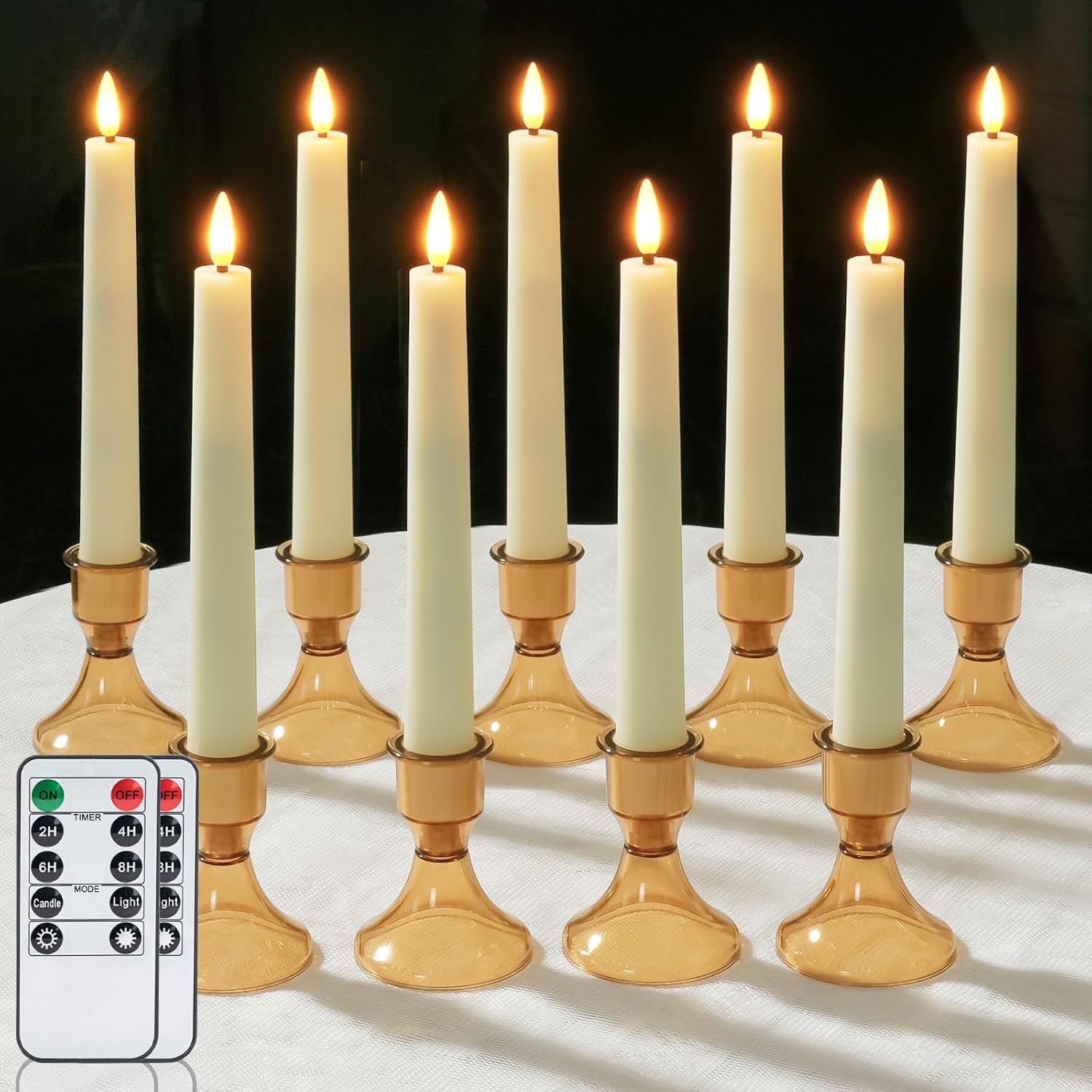 Raycare 9 Pcs Flameless Taper Candles, Battery Operated Candlesticks Require 2 AAA Batteries (NOT Included),6.7 Inches Taper Candlesticks with Holders, Flickering LED Window Candles with Remote Timer Ivory