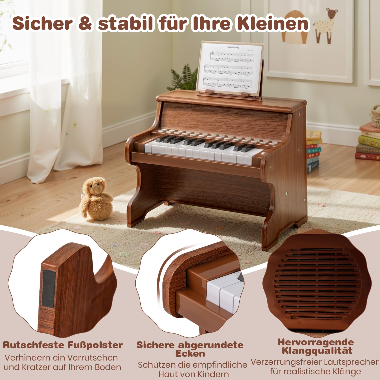GOPLUS Klavier Kinder, 25 Tasten Leuchttasten-Piano, elektrisches Holzklavier mit abnehmbarem Notenhalter, Lehrmodus, einstellbare Lautstärke, Musikinstrument für Kinder ab 3 Jahren (Braun)