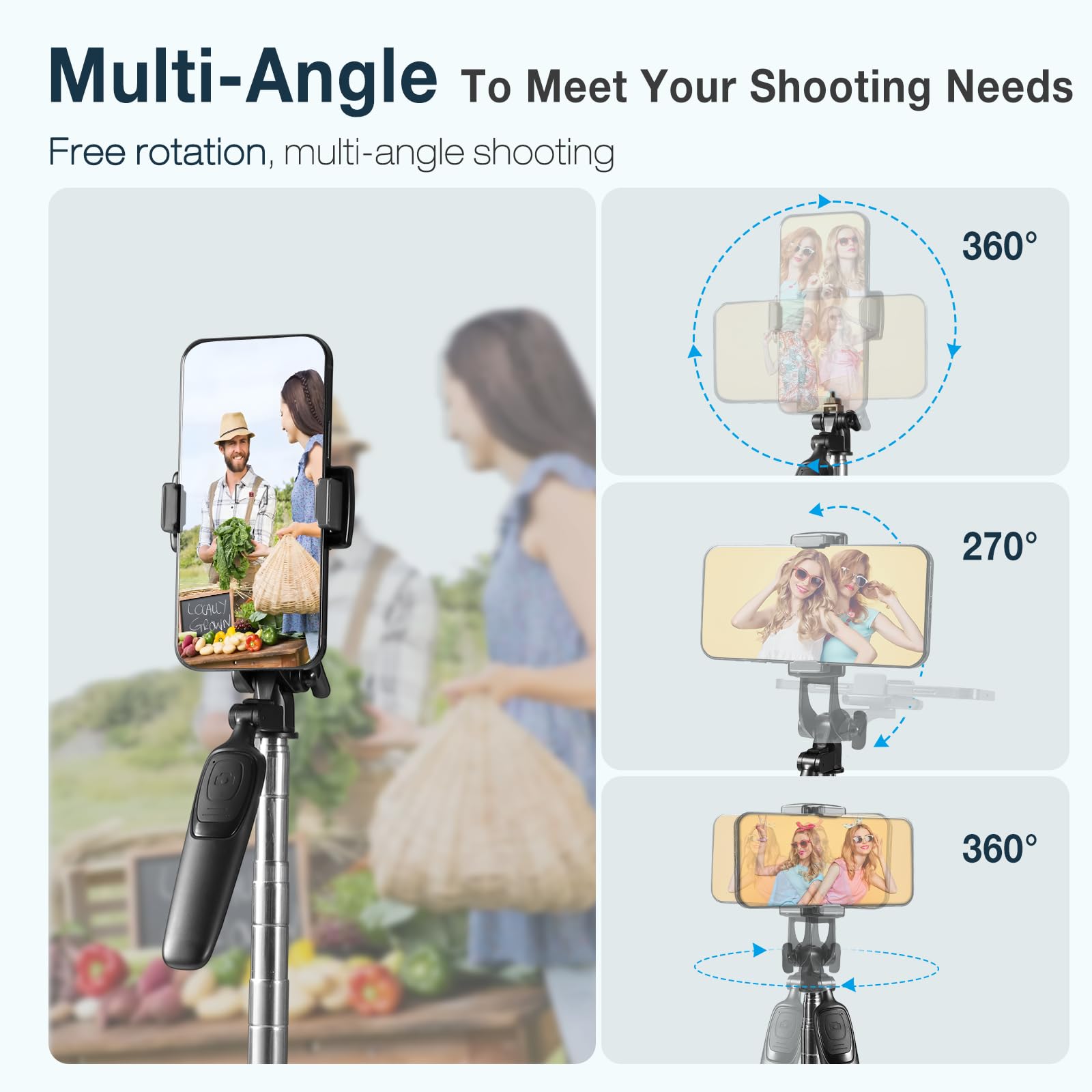 Vinabo Treppiede per smartphone, 160 cm, treppiede per iPhone, estensibile per selfie stick, treppiede per telefono portatile, rotazione a 360° con telecomando per viaggi, vlog, compatibile con