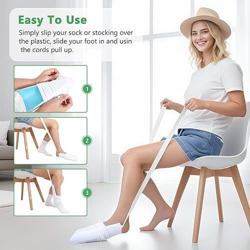 Miniatura 6 de Fanwer Kit de ayuda para calcetines - Dispositivo de ayuda para personas mayores con cuerno de zapato ajustable, ayudante de calcetín flexible fácil