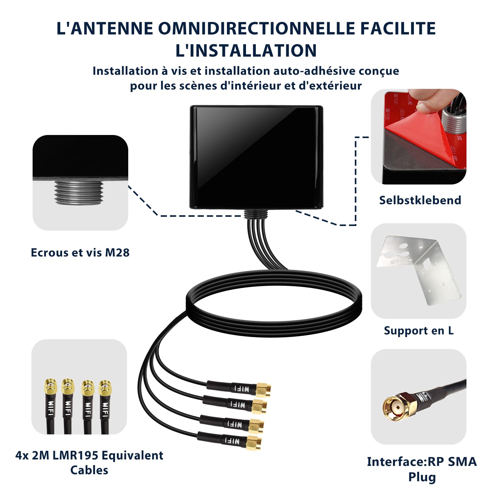 Maswell Antenne WiFi extérieure 4X4 MIMO 2,1-7,2 GHz, antenne extérieure Omni-WiFi 6E WiFi 7 Bluetooth IoT ZigBee WiMax, câble équivalent LMR195 de 4 x 2 m avec RP-SMA