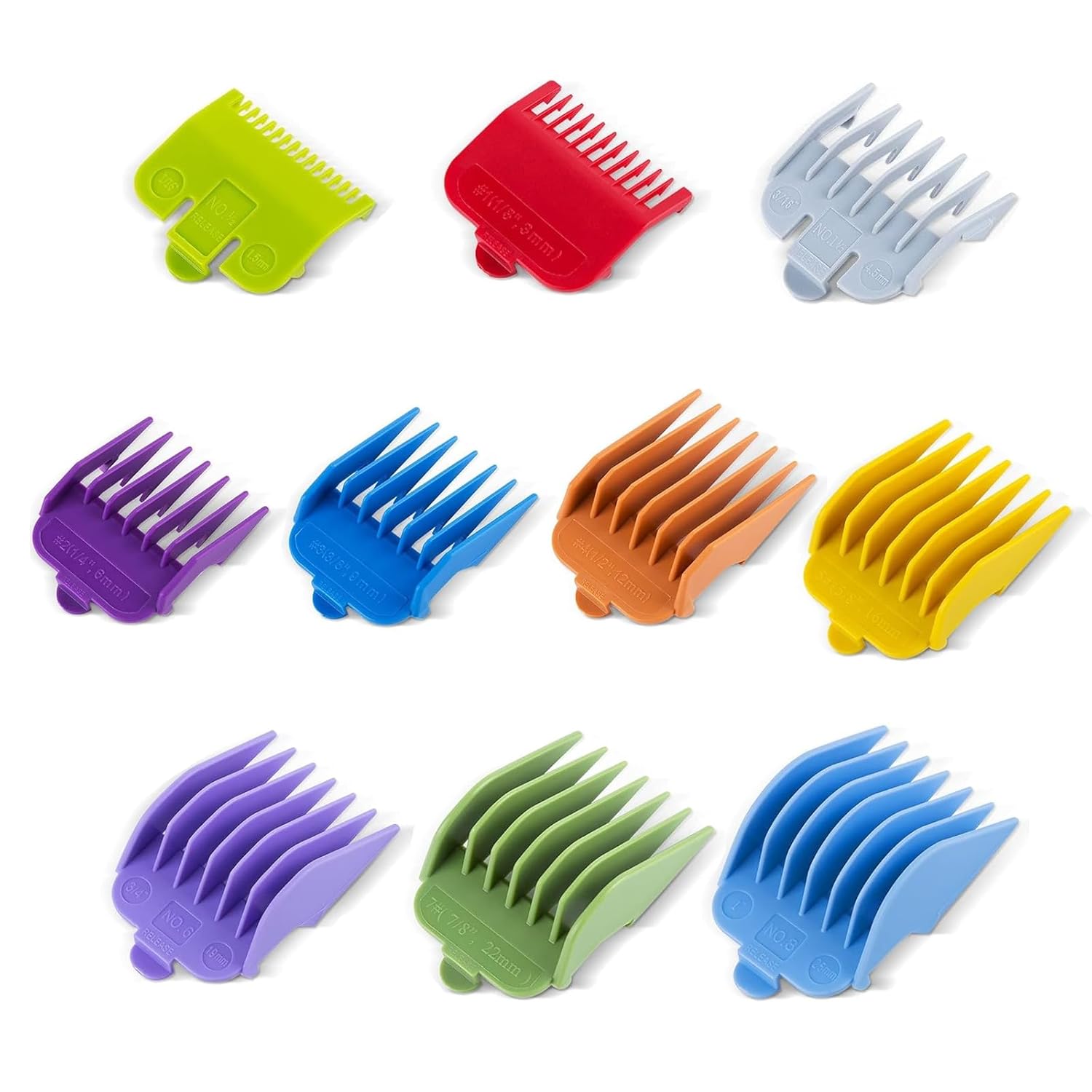 Clasura 10-Pc Color-Coded Hair Clipper Guards for Wahl & Surker Clippers - 1/16" to 1" (1.5-25mm) Cutting Guides