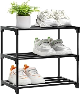 Shoe Rack Stackable Small Shoe Racks 3 Tier Footware Storage, Metal Shoe Storage Self Organizer, Black Shoe Racks for Closet Entryway Hallway Bedroom
